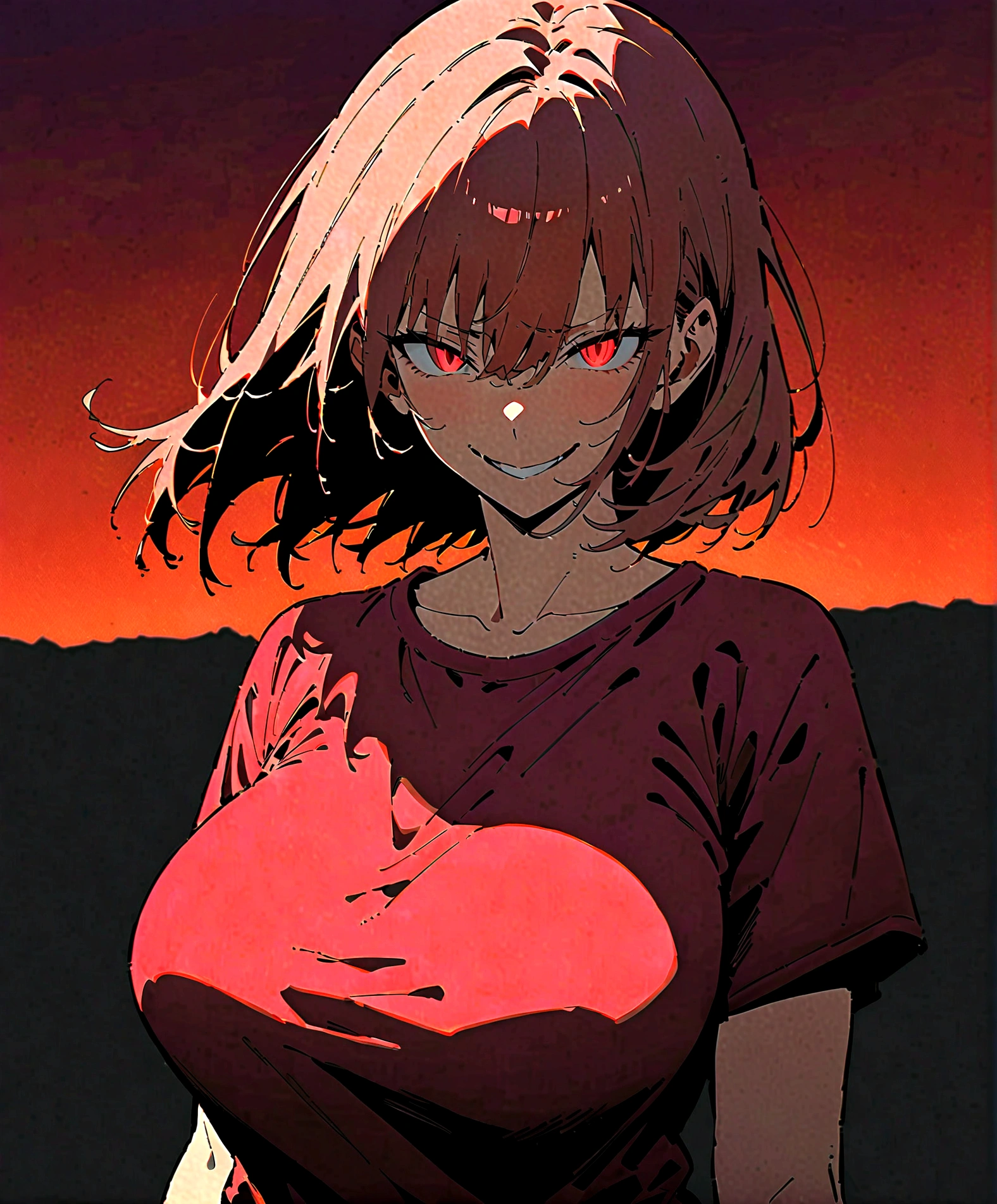 (Masterpiece:1.2, Best Quality), 1 woman, whole body, T-shirt, Casual, big breasts,through the wide red sky, minimal makeup,pale,Natural fabrics, face close up, evil smile, bright red eyes circular pupils,8K high resolution, detailed lines, ((whole body)) mature female body 