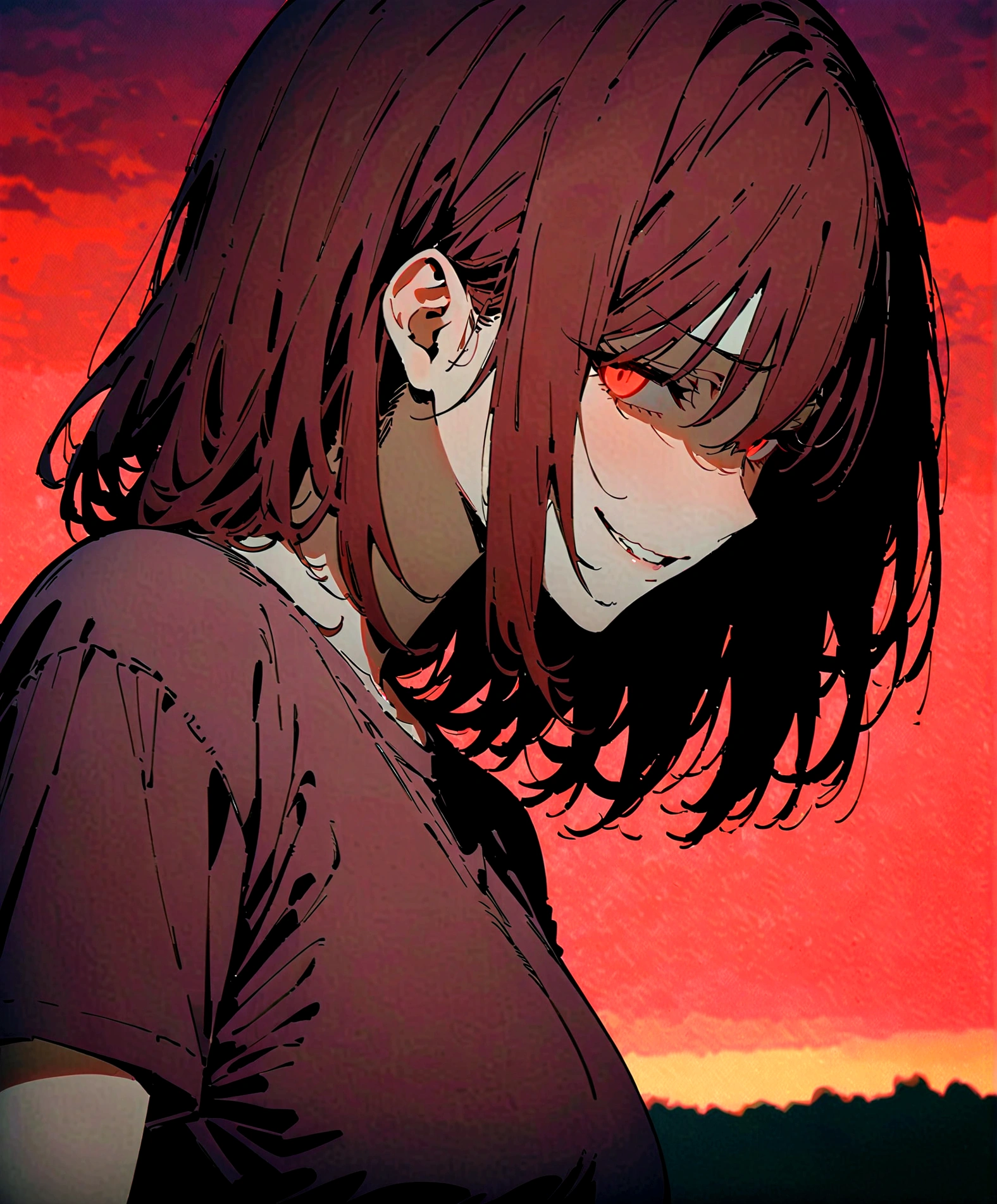 (Masterpiece:1.2, Best Quality), 1 woman, whole body, T-shirt, Casual, big breasts,through the wide red sky, minimal makeup,pale,Natural fabrics, face close up, evil smile, bright red eyes circular pupils,8K high resolution, detailed lines, ((whole body)) mature female body 