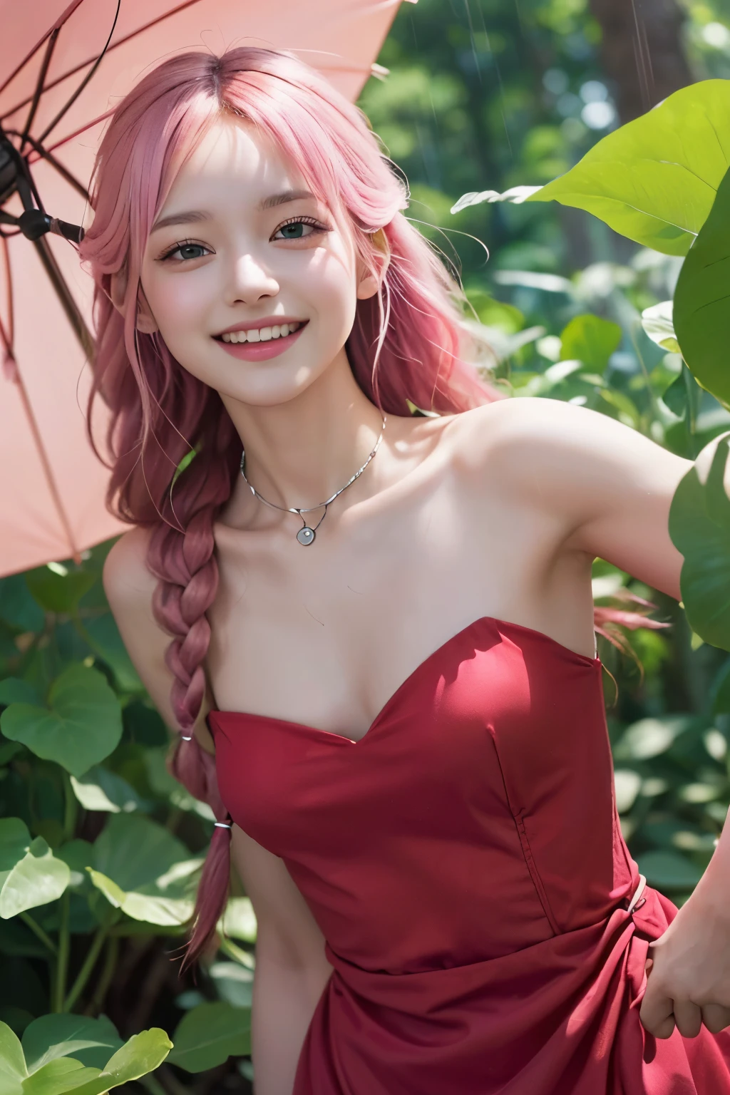 (8K, top-quality, masterpiece:1.2), (reallistic, Photorealsitic:1.37), Super Detail, One girl,), (Highly detailed), (beautifully detailed eyes), (of the highest quality), (super detailed ), (masterpiece), (Detailed face),20yr old, ,1 girl, ((pink hair,long hair)), medium breasts, clothed, Perfect Lighting, BREAK, (red dress:1.2), (white collar and cuffs:1.1), (soft and lightweight cotton:1.1), (Arrietty:1.2), (The Borrower Arrietty:1.2), (braids:1.1), (adventure:1.1), BRAKE, (upper body to thighs:1.1), (pink long hair:1.1), (smiling:1.1), (facing forward:1.1), (holding a large leaf as an umbrella:1.1), (standing in the rain:1.1), (green forest background:1.1), (soft lighting:1.1)