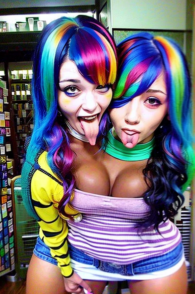 2heads, female couple, age 28, two heads on one body, tongues merged, one torso, hipsters, multicolored hair, hipster fashion, in bookstore,