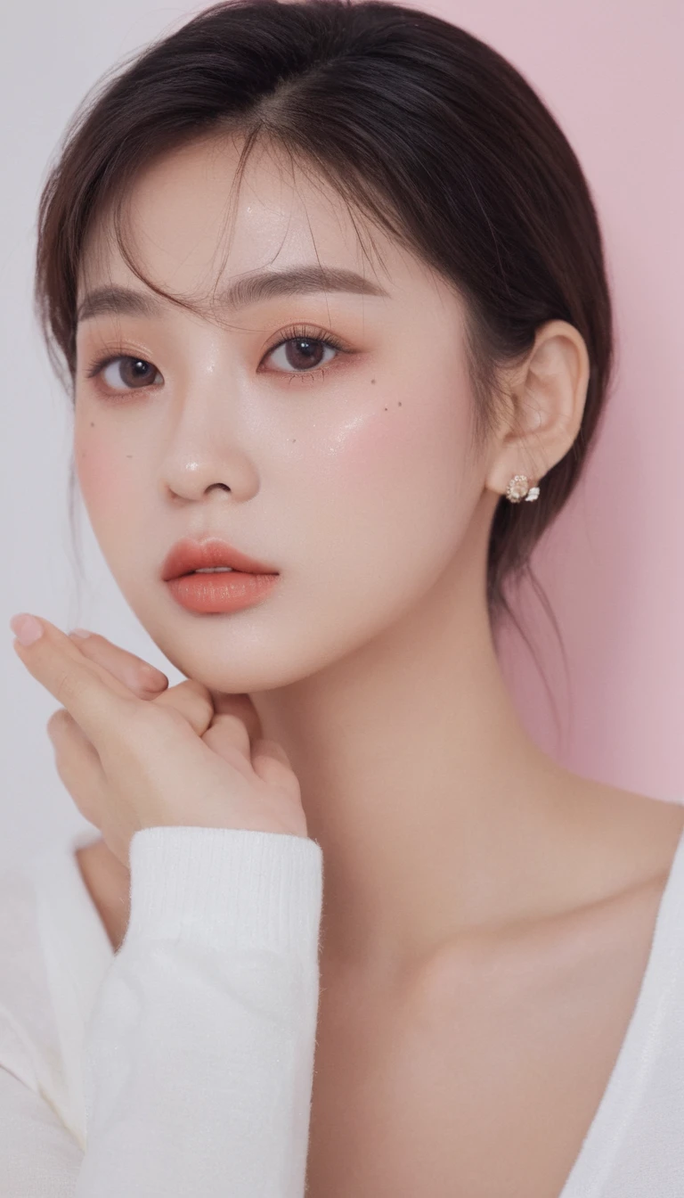 ultra wide shoot, front photo, 1girl with shopping bag and pointing finger up, woman, (Photorealsitic)、(intricate detailes:1.2)、(masterpiece、:1.3)、beauty face, (top-quality:1.4)、(超A high resolution:1.2)、超A high resolution、(A detailed eye)、(detailed facial features), ((Realistic lighting、top-quality、8K、natural light, masterpiece:1.3))、bright photo, Clear focus:1.2、1girl in、flawless beauty:1.4、Superfine Face、big Narrow-eyed、double eyelid、photos realistic, perfect eyes, perfect skin, detailed skin, detailed face, looking viewer, front view, potrait, raw photo, simple soft pink background, (intricate detailed skin textured:1.4) front view, looking viewer, clear face, 1 girl、porate、Bright and very beautiful face、beautiful girl, A stunning close-up portrait showcasing the beauty of a Korean model. The composition features soft, natural lighting , bright eyes, and striking cheekbones. Her glossy, The background is simply white background, wear sweetshirt, neat hair, long hair, instagram model, profil picture, bright and natural