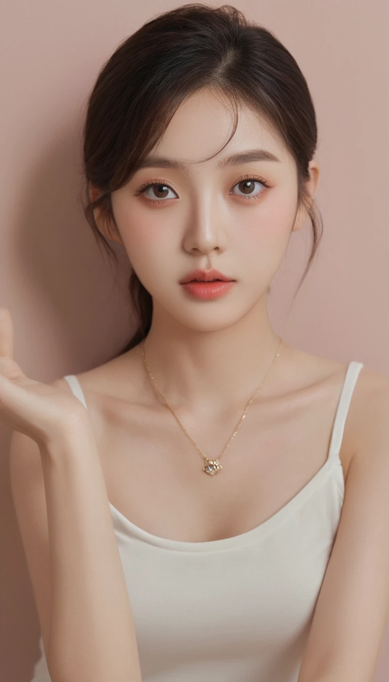 A japanese woman, light skin, blushing face, angry, lomg brown hair, brown eyes, looking down, perspective from below, wearing a silky mini dress, detailed, high quality, earrings, big breasts, necklace, white bow on hair, sitting on bed