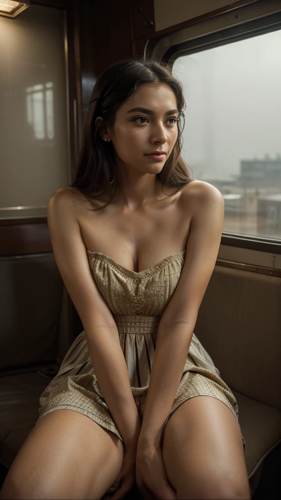 (Best quality, Ultra detailed, Golden ratio, Masterpiece:1.2), Theatrical lighting:0.7, Photo of a woman, dressed in a very elegant and pretty dress, Perfect rare face, (Highly detailed skin), black hair, roots showing through the top, Hide your mouth with your hands, [:(Sharp focus on rare face, perfect eyes:1.2):0.2], photorealistic, film grain, Put one foot forward、from below looking up、look at camera、Emphasize the shoulders, Focus on face、Stockings、Smile with corners of mouth raised、disdainful expression, summer haze, muted colors, muted warm colors, Photo cinematic portrait of a woman dressed in a striped dress sitting by the window in the early morning, cinematic, (tilted:1.3) (on an old train) look cautious, standing under a spotlight, volumetric dust clouds, key light, backlight, soft natural lighting, photography Film grain ISO 400 30 mm lens RAW f1.8 aperture, highly detailed (analog photography:1), colors hdr