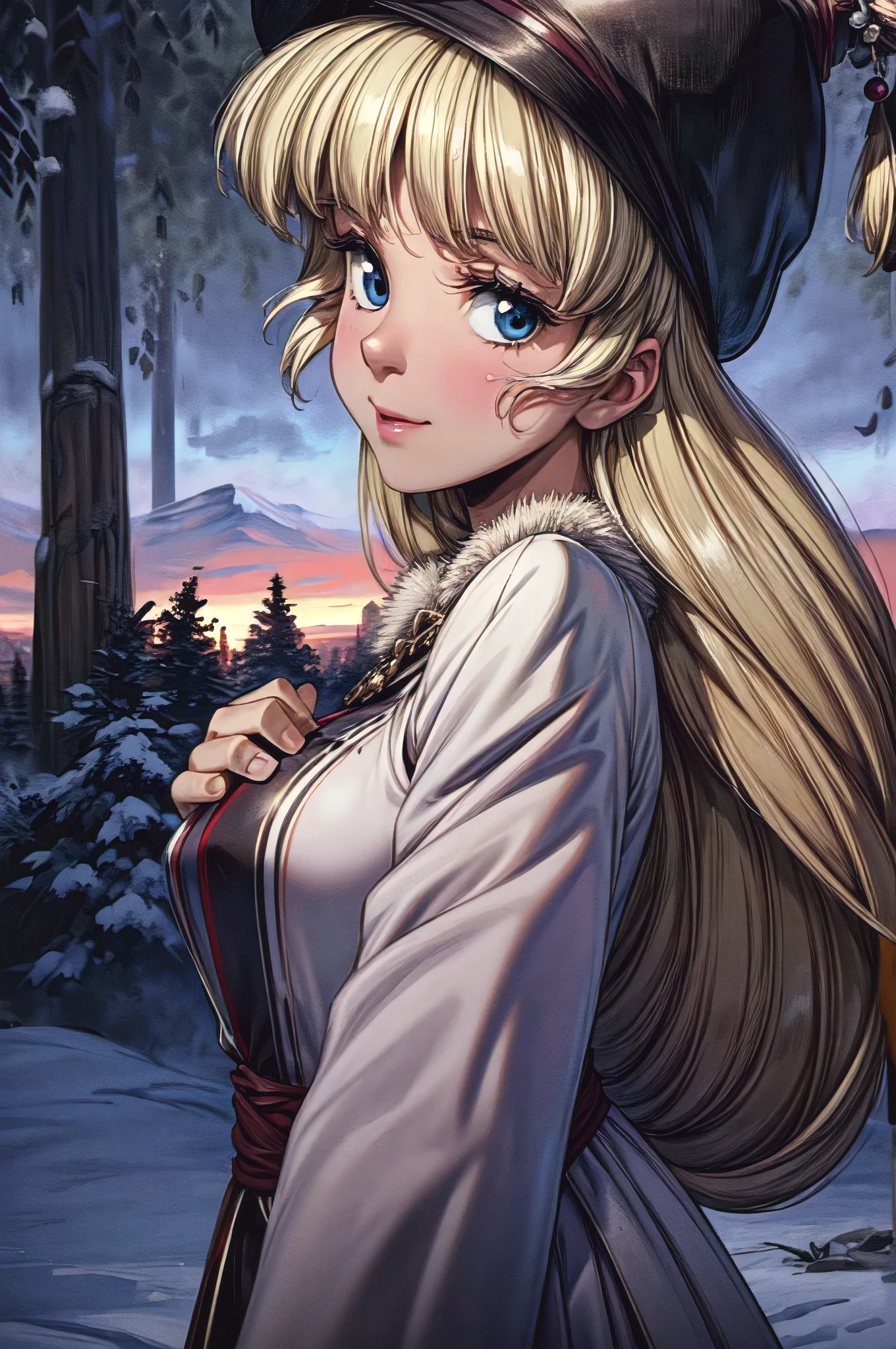 (masterpiece:1.1), (best quality:1.1), 1girl, Real light and shadow, anime face, 4k, 8k, wallpaper,epic, detail texture, blonde hair, (blue eyes:1.5), ((((blond hair:1.35, long hair)))),intricate eyes,beautiful detailed eyes, (symmetrical eyes,big eyes:1.5,(((lustrous skin:1.5,bright skin: 1.5,skin tanned,shiny skin,very shiny skin,shiny body,plastic glitter skin,exaggerated shiny skin,illuminated skin))),(detailed body,(detailed face)), cute, erotic,daring, (((medieval man armor, fur hat, adventurer man armor,winter coat))),(((intricate outfit,intricate clothes, embroidered outfit,ornate outfit,embroidered clothes,ornate clothing))), (dynamic pose:1.0),happy,smile,(centered,scale to fit dimensions,Rule of thirds), ((snowy pine forest at night)), with dark stormy clouds,winter,scenery:1.25,((snow forest background)),Christmas tree, highres,sharp focus,(ultra detailed,extremely detailed),(photorealistic artwork:1.37),(extremely detailed CG unity 8k wallpaper),(((vibrant colors,vibrant theme))),(intricate),(masterpiece),(best quality),
