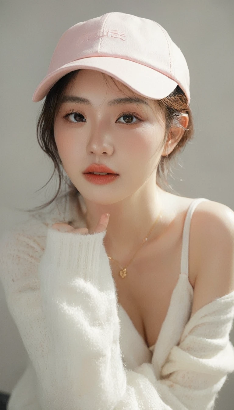 ultra wide shoot, front photo, 1girl with shopping bag and pointing finger up, woman, (Photorealsitic)、(intricate detailes:1.2)、(​masterpiece、:1.3)、beauty face, (top-quality:1.4)、(超A high resolution:1.2)、超A high resolution、(A detailed eye)、(detailed facial features), ((Realistic lighting、top-quality、8K、natural light, ​masterpiece:1.3))、bright photo, Clear focus:1.2、1girl in、flawless beauty:1.4、Superfine Face、big Narrow-eyed、double eyelid、photos realistic, perfect eyes, perfect skin, detailed skin, detailed face, looking viewer, front view, potrait, raw photo, simple soft pink background, (intricate detailed skin textured:1.4) front view, looking viewer, clear face,  1 girl、porate、Bright and very beautiful face、beautiful girl, A stunning close-up portrait showcasing the beauty of a Korean model. The composition features soft, natural lighting , bright eyes, and striking cheekbones. Her glossy,  The background is simply white background,  wear sweetshirt, neat hair, long hair, instagram model, profil picture, bright and natural
