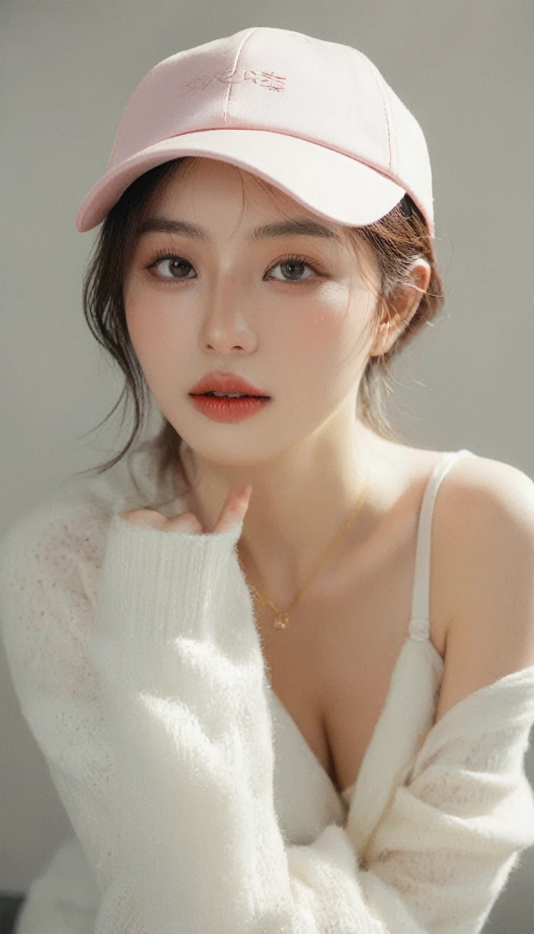 ultra wide shoot, front photo, 1girl with shopping bag and pointing finger up, woman, (Photorealsitic)、(intricate detailes:1.2)、(masterpiece、:1.3)、beauty face, (top-quality:1.4)、(超A high resolution:1.2)、超A high resolution、(A detailed eye)、(detailed facial features), ((Realistic lighting、top-quality、8K、natural light, masterpiece:1.3))、bright photo, Clear focus:1.2、1girl in、flawless beauty:1.4、Superfine Face、big Narrow-eyed、double eyelid、photos realistic, perfect eyes, perfect skin, detailed skin, detailed face, looking viewer, front view, potrait, raw photo, simple soft pink background, (intricate detailed skin textured:1.4) front view, looking viewer, clear face, 1 girl、porate、Bright and very beautiful face、beautiful girl, A stunning close-up portrait showcasing the beauty of a Korean model. The composition features soft, natural lighting , bright eyes, and striking cheekbones. Her glossy, The background is simply white background, wear sweetshirt, neat hair, long hair, instagram model, profil picture, bright and natural