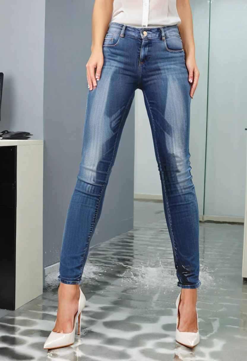 attractive blonde woman wearing skinny jeans, high heel pumps, white blouse, standing in an office,  wetting, big smile, pee stains are gleaming wet, her blouse is wet with pee, nipples visible, show shoes, ((soaking wet all down the front of her blouse, shoes and jeans)), shoes full of pee, ((hair is wet)), ((face is wet))