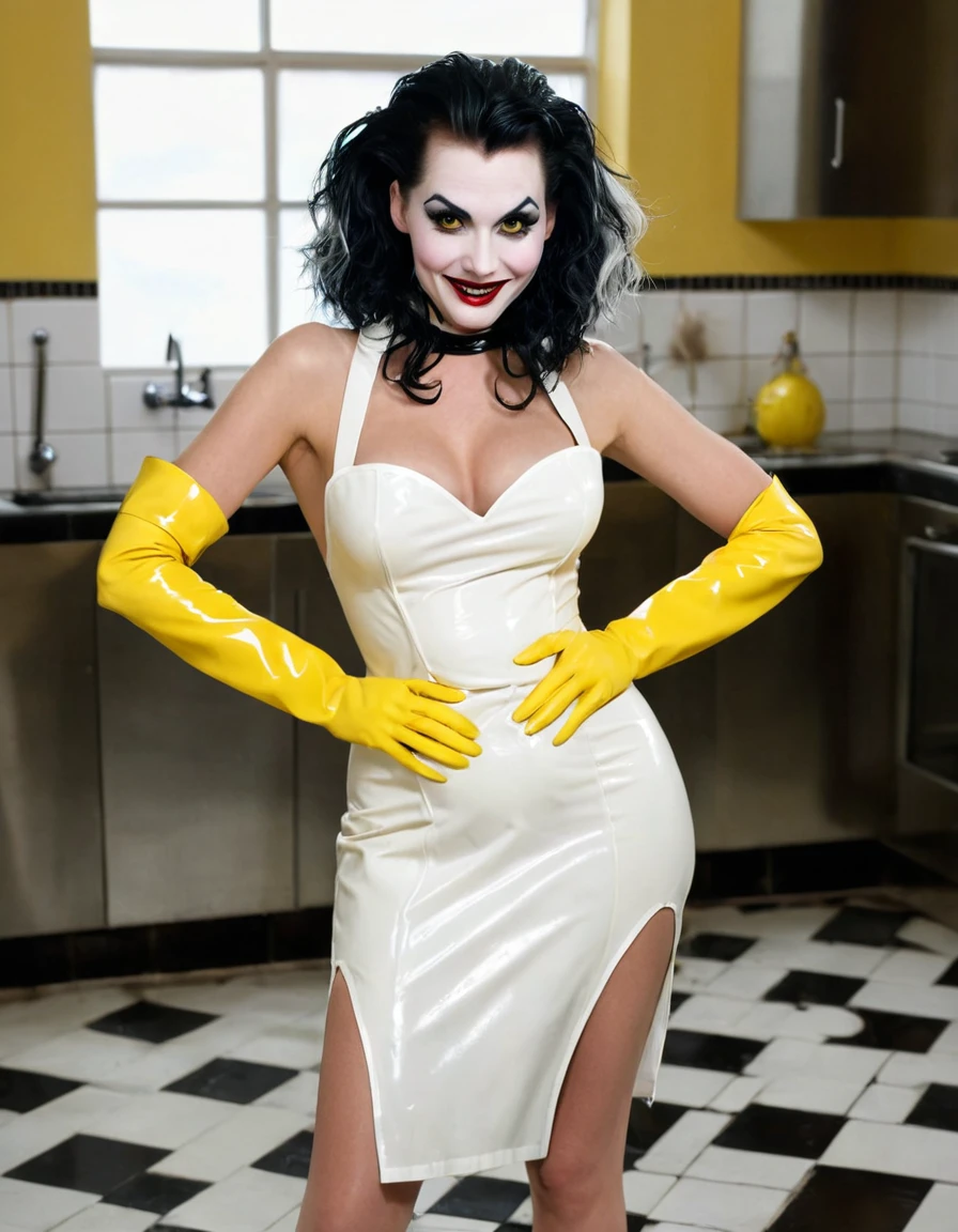A masterpiece, High resolution, Best quality, very detailed. A naked sexy Cruella. A very magnificent hairstyle. A naked model in a long latex butcher's apron. Hands in yellow latex gloves on hips. A haughty pose. An evil smile. A sinister grin. It stands on the tiled floor.