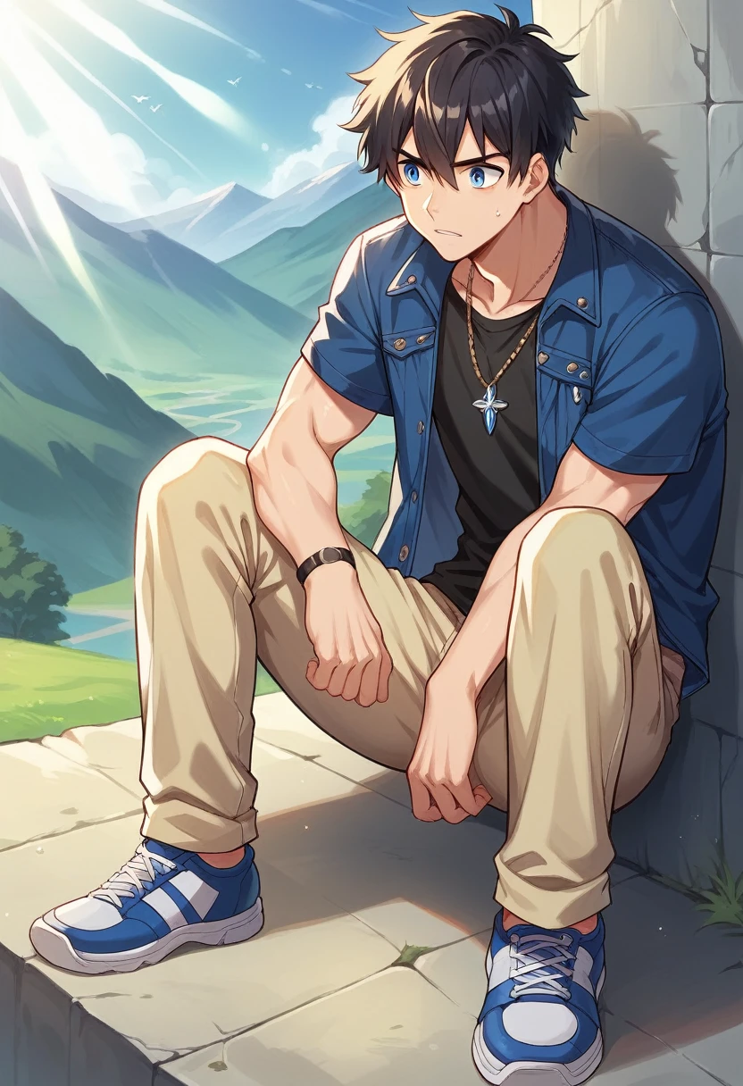a young boy of 25 years, sharp chin, blue eyes, hiro hamada hair, black hair, disordered, wearing a jean jacket, a simple black t-shirt, beige pants, worn sports shoes, necklace with a sapphire stone, destroyed sapphire fragments, rays coming out of him, in some mountains, electric storms, 