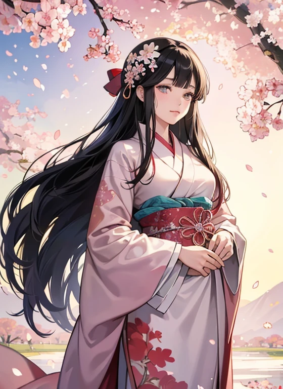 "Konohanasakuya-hime, the Japanese goddess of cherry blossoms from mythology. Depict a beautiful woman standing under a canopy of blooming cherry trees. She is dressed in a traditional, elegant kimono with cherry blossom patterns, and her hair is adorned with cherry blossoms. She is surrounded by petals gently falling in the breeze, and a soft smile graces her face. The background features a serene spring landscape, with soft sunlight filtering through the trees. Konohanasakuya-hime embodies the beauty of nature and fertility."

