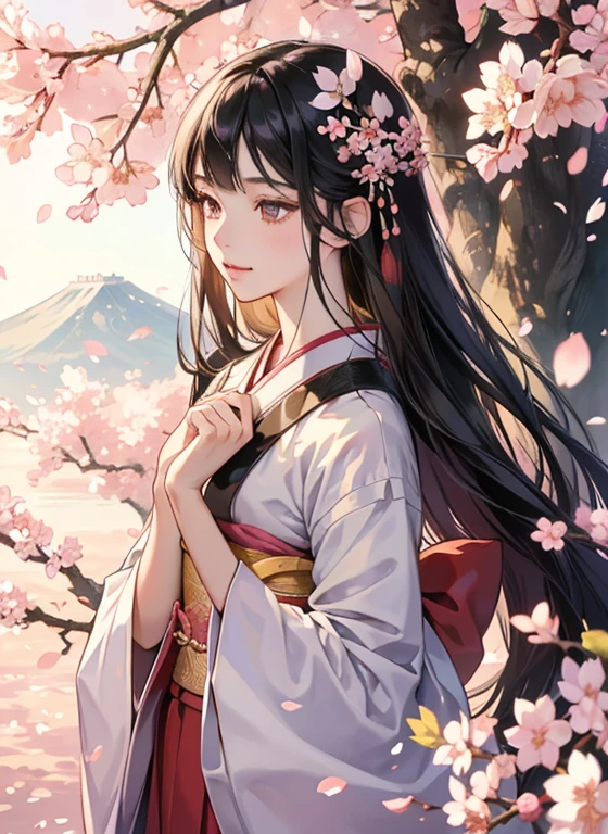 "Konohanasakuya-hime, the Japanese goddess of cherry blossoms from mythology. Depict a beautiful woman standing under a canopy of blooming cherry trees. She is dressed in a traditional, elegant kimono with cherry blossom patterns, and her hair is adorned with cherry blossoms. She is surrounded by petals gently falling in the breeze, and a soft smile graces her face. The background features a serene spring landscape, with soft sunlight filtering through the trees. Konohanasakuya-hime embodies the beauty of nature and fertility."

