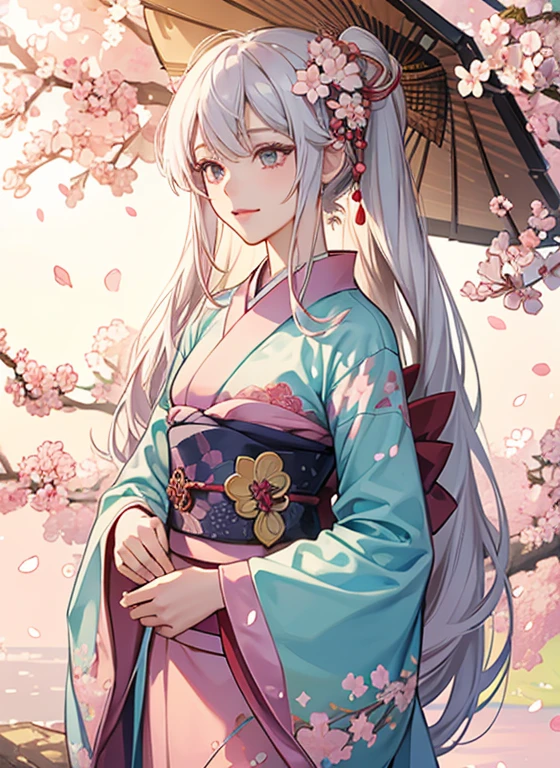 "Konohanasakuya-hime, the Japanese goddess of cherry blossoms from mythology. Depict a beautiful woman standing under a canopy of blooming cherry trees. She is dressed in a traditional, elegant kimono with cherry blossom patterns, and her hair is adorned with cherry blossoms. She is surrounded by petals gently falling in the breeze, and a soft smile graces her face. The background features a serene spring landscape, with soft sunlight filtering through the trees. Konohanasakuya-hime embodies the beauty of nature and fertility."