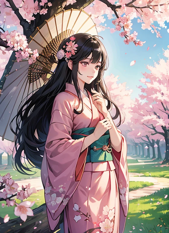 "Konohanasakuya-hime, the Japanese goddess of cherry blossoms from mythology. Depict a beautiful woman standing under a canopy of blooming cherry trees. She is dressed in a traditional, elegant kimono with cherry blossom patterns, and her hair is adorned with cherry blossoms. She is surrounded by petals gently falling in the breeze, and a soft smile graces her face. The background features a serene spring landscape, with soft sunlight filtering through the trees. Konohanasakuya-hime embodies the beauty of nature and fertility."

