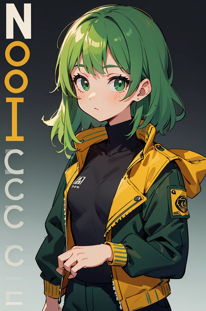 (masterpiece: 1.2, best quality), (1 lady, solo, upper body: 1.2),Detailed face, Black and white,, a girl in a black jacket and green Cargo pants standing, wearing Cargo pants, a green colored bomber jacket, Cargo pants , wearing dark green bomber jacket, black bomber jacket, black rugged clothing, cropped shirt with jacket, black pants, wearing a turtleneck and jacket, a girl wearing a black jacket, bomber jacket, black and green, white and black color scheme ((modern clothes)) Looking at the viewer, looking at the camera,,Magazine cover,a close up of a poster,black background, simple background
