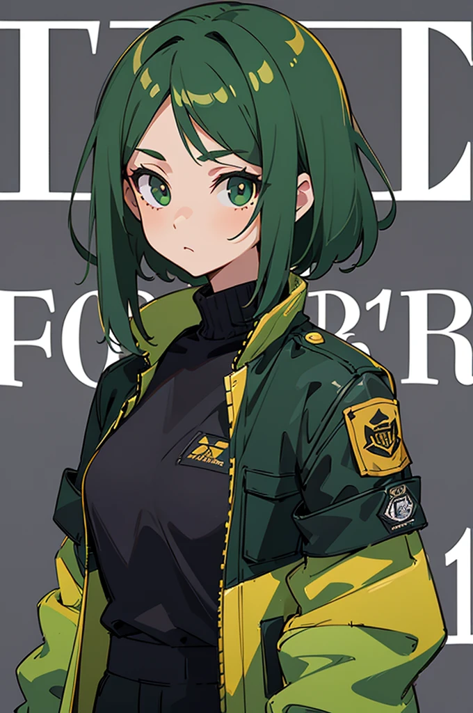 (masterpiece: 1.2, best quality), (1 lady, solo, upper body: 1.2),Detailed face, Black and white,, a girl in a black jacket and green Cargo pants standing, wearing Cargo pants, a green colored bomber jacket, Cargo pants , wearing dark green bomber jacket, black bomber jacket, black rugged clothing, cropped shirt with jacket, black pants, wearing a turtleneck and jacket, a girl wearing a black jacket, bomber jacket, black and green, white and black color scheme ((modern clothes)) Looking at the viewer, looking at the camera,,Magazine cover,a close up of a poster,black background, simple background