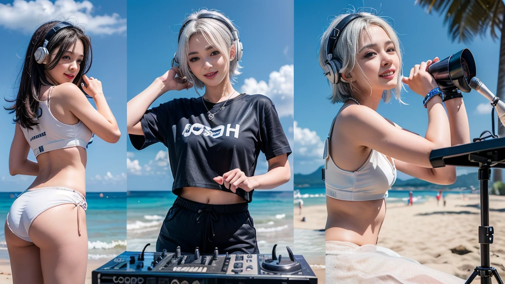 (ultra - detailed, 16K resolution, Cinema lenses, rendering by octane), (high resolution:1.18), intricate detail, (masterpiece:1.1), (highest quality:1.1), (1girl, portrait, white hair, blue eyes, short hair, detailed eyes),Wearing silver DJ headphones, Shiny silver sequined T-shirt, (in the beach:1.5), (Iconic hip-hop pop costumes:1.3), Smile while DJing on stage, DJ studio next to the beach, ((A stylish DJ stage on a hill overlooking the beach)), full body shot, Photorealistic photography by Sunshine, (cute round face:1.3), perfect fingers, five fingers, beautiful hands, perfect hands. master peace, cute smile.