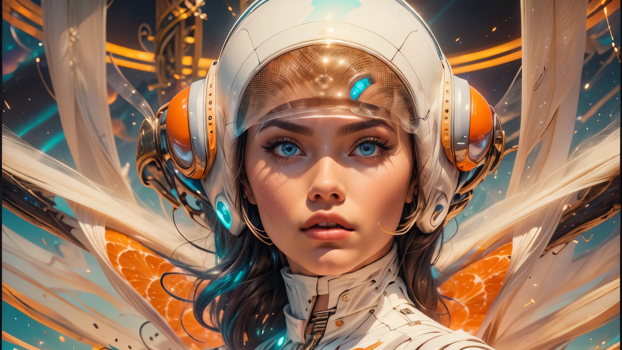 arafed image of a white woman in a futuristic suit with a spaceship in the background, movie art, in front of an orange background, inspired by Robert McGinnis, female protagonist, megastructure in the background, portrait of an ai astronaut, astronauts, an astronaut, portrait of a astronaut skeletor, perfect android girl, Highly Detailed Face and Skin Texture, Detailed Eyes, Double eyelids, perfectly detailed teeth, frank franzzeta and sakimichan  