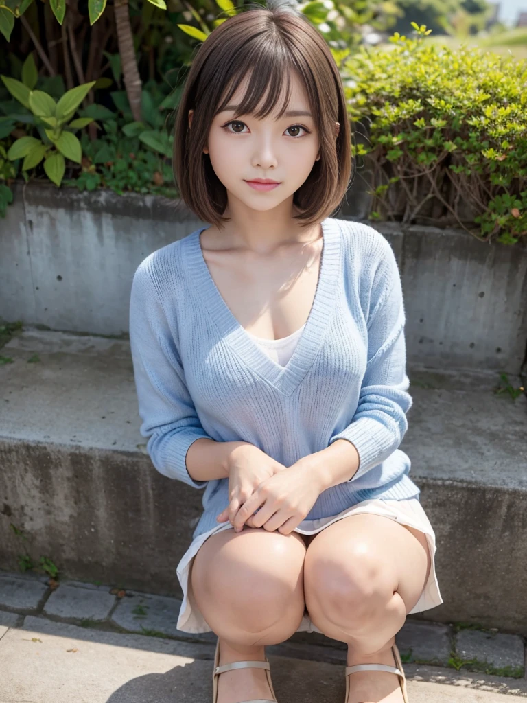 Beautiful shy and childish Japanese girl, Age: 13, Small breasts, Childish expression, Light honey colored short bob, Brown eyes, Glossy Lips, Shiny hair and shiny body, Shiny thighs, A shy smile, A loose light brown summer sweater, Denim mini skirt, Squatting in pumps, A glimpse of white panties, In the city of Bali, Clear blue sky and clear blue sea, Light shines in, A glimpse of the chest, The chest is exposed,