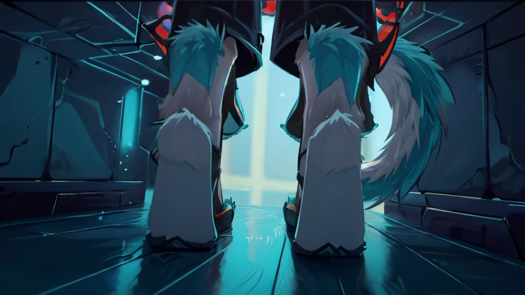 Miku Hatsune, add high definition_detail:1, blue fur,kitsune ears, tribal tattoo add_detail:1, in hell add_detail, barefoot, PAT