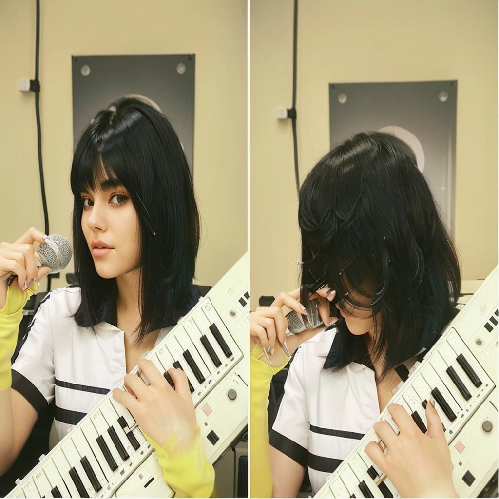 there is a woman holding a keyboard and a microphone in her hands, keyboardist, promotional shot, hair blackhits hair, her hair is the milky way, [ realistic photo ]!!, promotional art, Promotional photo, hair whitehits hair, black hair and white hits, using synthesizer, she has black hair with hits, with a bob cut, hits