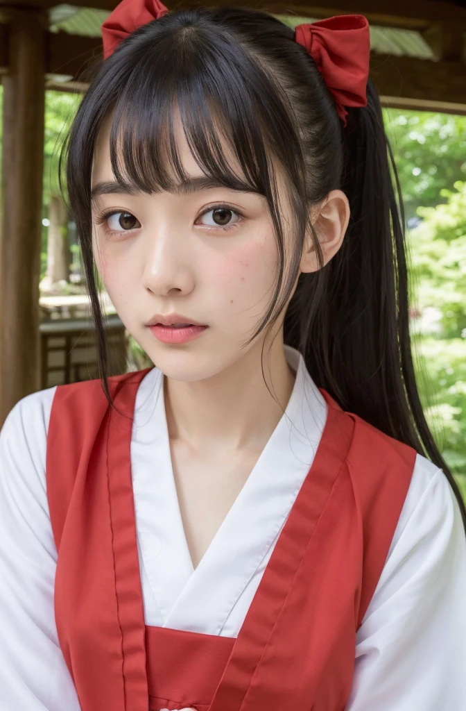 ((Highest quality, 8K, )), beauty, 1 Japanese girl, Black Hair, 15 years old, Blunt bangs, Downward ponytail, Face Focus, Detailed face, Highly detailed lips, Beautiful Eyes, double eyelid, Sweaty skin: 1.2, Shrine maiden dressing, Shrine maiden, Red too,