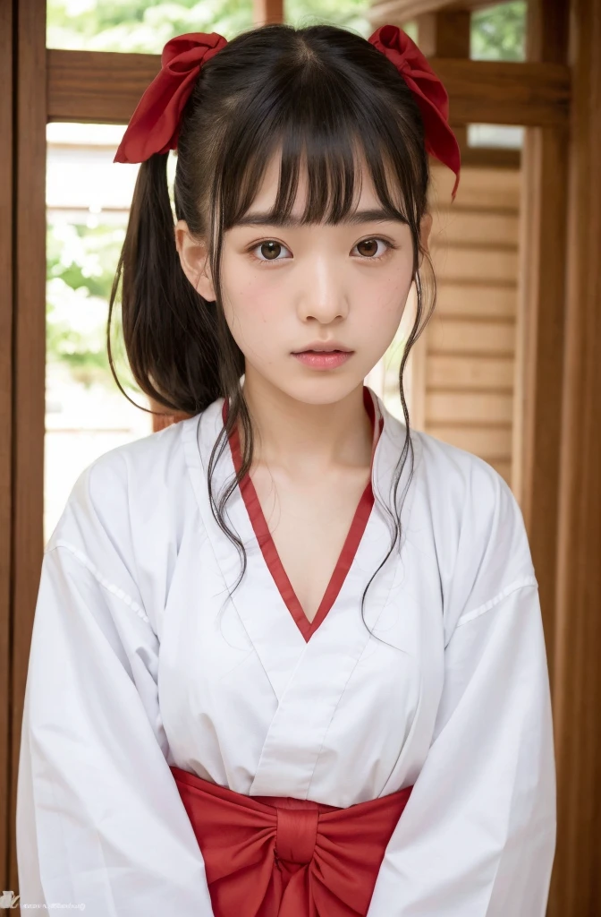 ((Highest quality, 8K, )), beauty, 1 Japanese girl, Black Hair, 15 years old, Blunt bangs, Downward ponytail, Face Focus, Detailed face, Highly detailed lips, Beautiful Eyes, double eyelid, Sweaty skin: 1.2, Shrine maiden dressing, Shrine maiden, Red too,