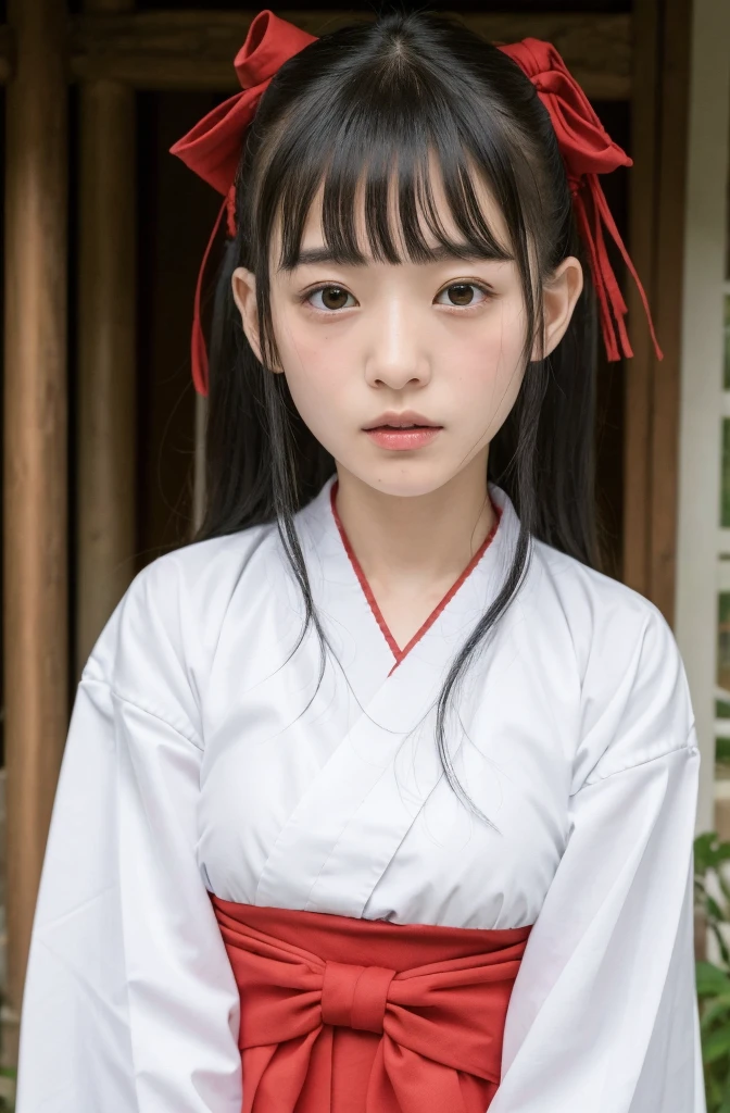 ((Highest quality, 8K, )), beauty, 1 Japanese girl, Black Hair, , Blunt bangs, Downward ponytail, Face Focus, Detailed face, Highly detailed lips, Beautiful Eyes, double eyelid, Sweaty skin: 1.2, Shrine maiden dressing, Shrine maiden, Red too,