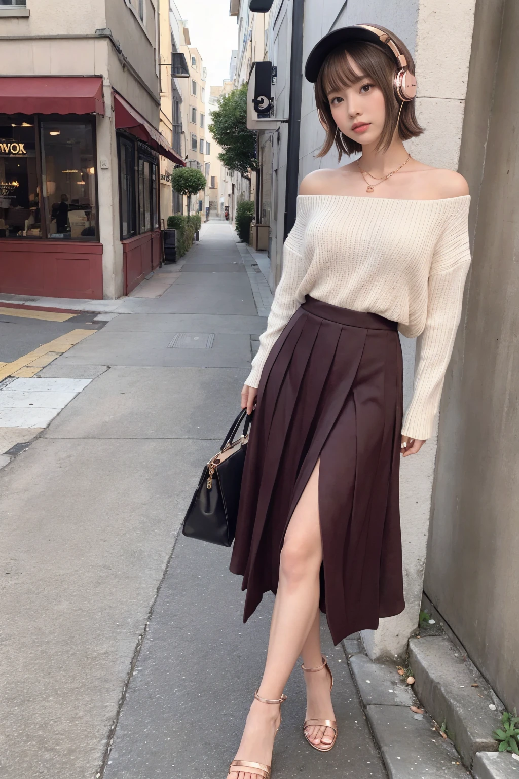 (Headphones:1.4), (1 female), Short bob, 28 years old, Japanese, Brown eyes, Brown hair, Slim figure, Flat chest, Rosy cheeks, Blushing face,
BREAK
//FASHION
Tech-savvy fashionista
This outfit is designed for the tech-savvy modern woman who likes to be constantly connected to the internet. The key piece is a pair of on-trend rose gold wireless in-ear headphones paired with a casual yet chic outfit. The top is a fitted off-the-shoulder knit sweater in soft pastel pink tucked into a floral high-waisted pleated midi skirt.
BREAK
The shoes are low-heeled strappy sandals perfect for going out. Accessories include a rose gold smartwatch, a delicate layered necklace. To complete the look, wear this effortlessly chic outfit perfect for a day at the park or coffee shop.
BREAK