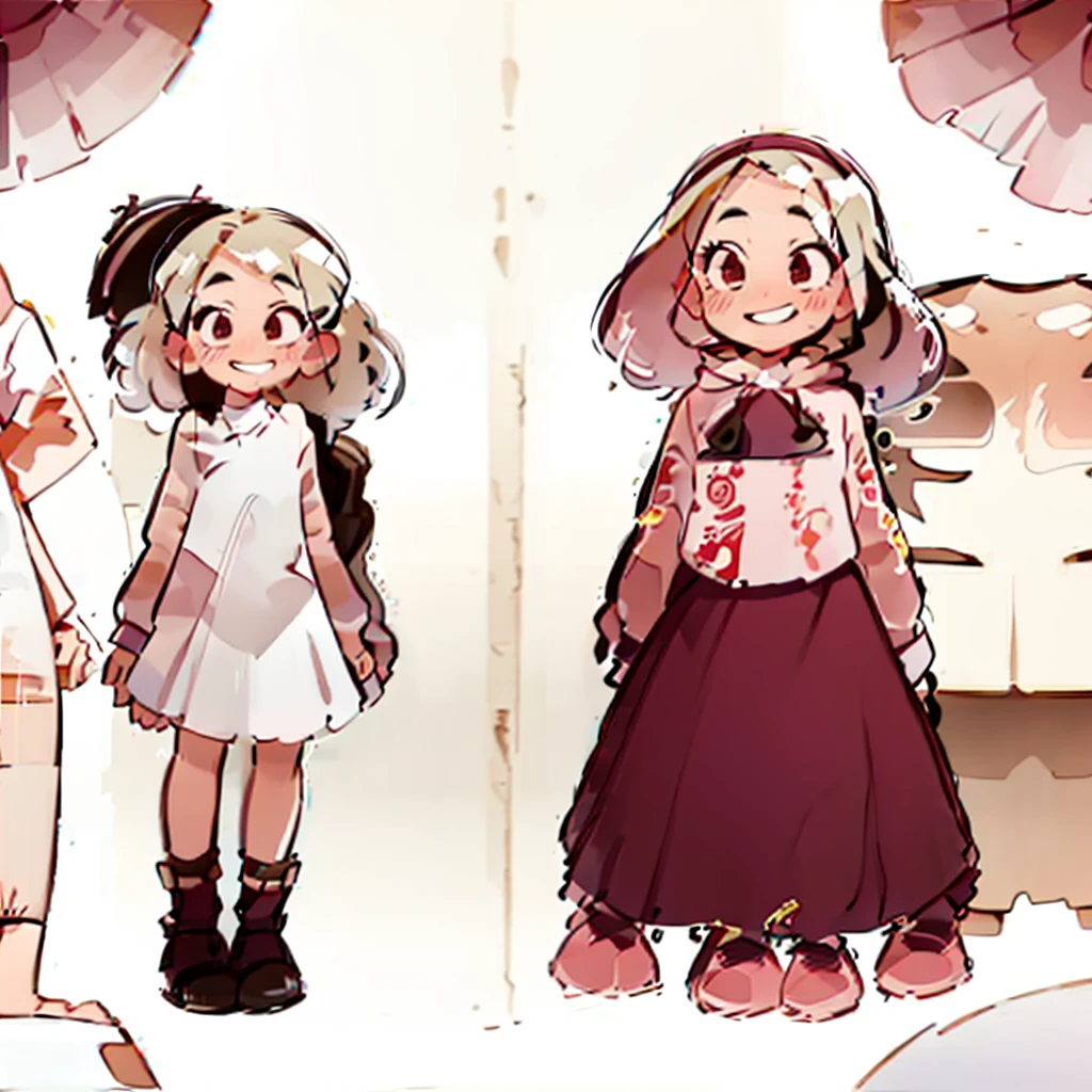 has blonde hair, with some brown highlights, besides wearing a pink vintage dress, and carries a bag with several explosives and a pink umbrella. wear a pink skirt, and a pink heel, besides wearing a lot of makeup, besides having a very mischievous smile