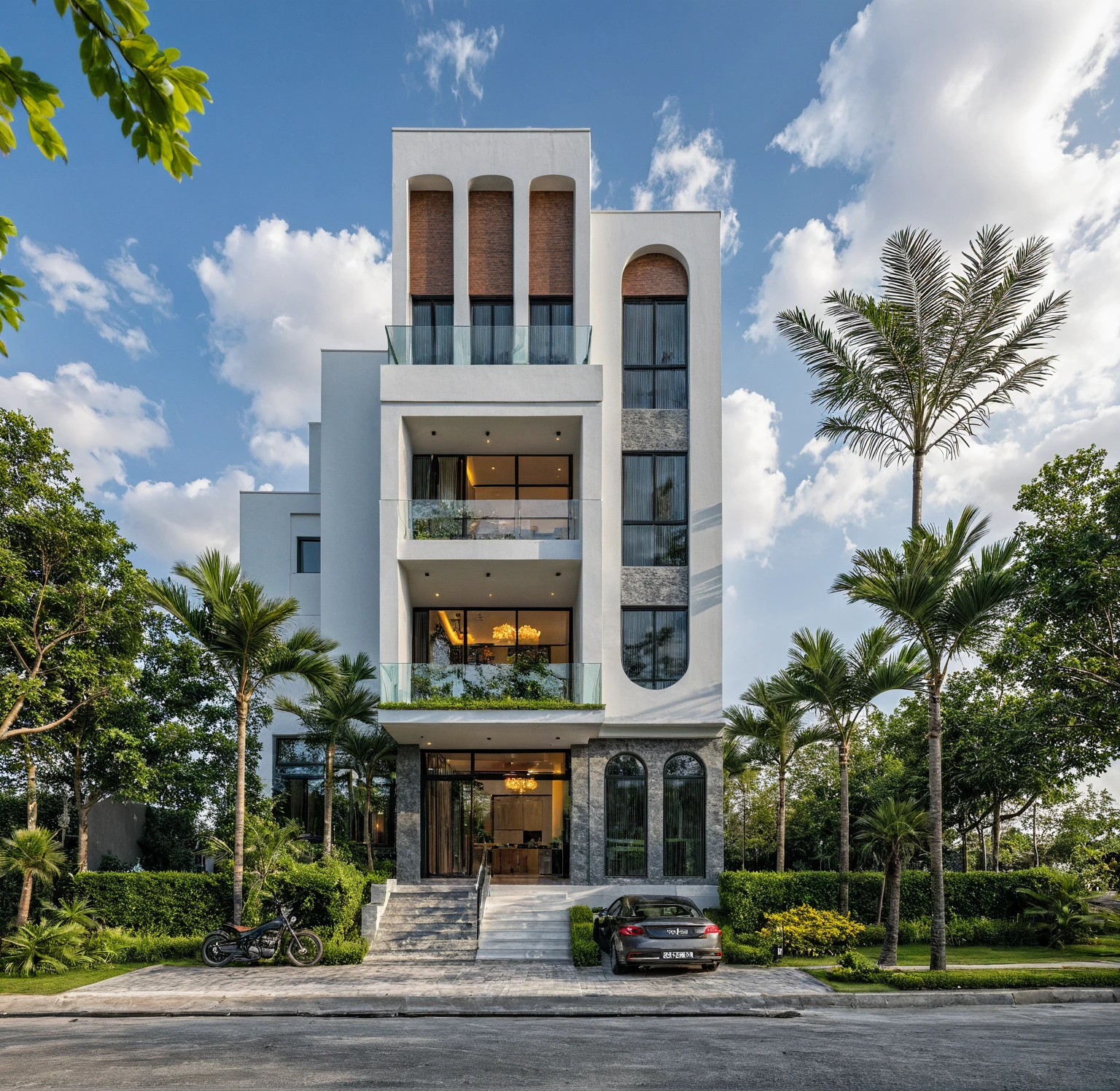 Masterpiece, high quality, best quality, authentic, super detail, outdoors, onestoreyofficeXL, aiaigroup, villa style modern on the garden ,stairs, white wall , road,pavement, grass, trees, sky, cloud, (daylight:1.1), random style color exterior, stone marble facade