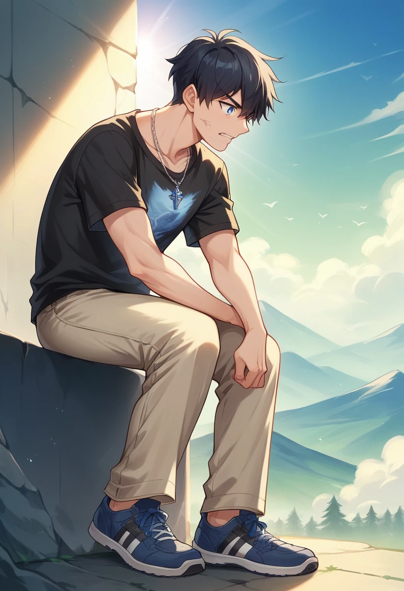a young boy of 25 years, sharp chin, blue eyes, hiro hamada hair, black hair, disordered, wearing a jean jacket, a simple black t-shirt, beige pants, worn sports shoes, necklace with a sapphire stone, destroyed sapphire fragments, rays coming out of him, in some mountains, electric storms,
