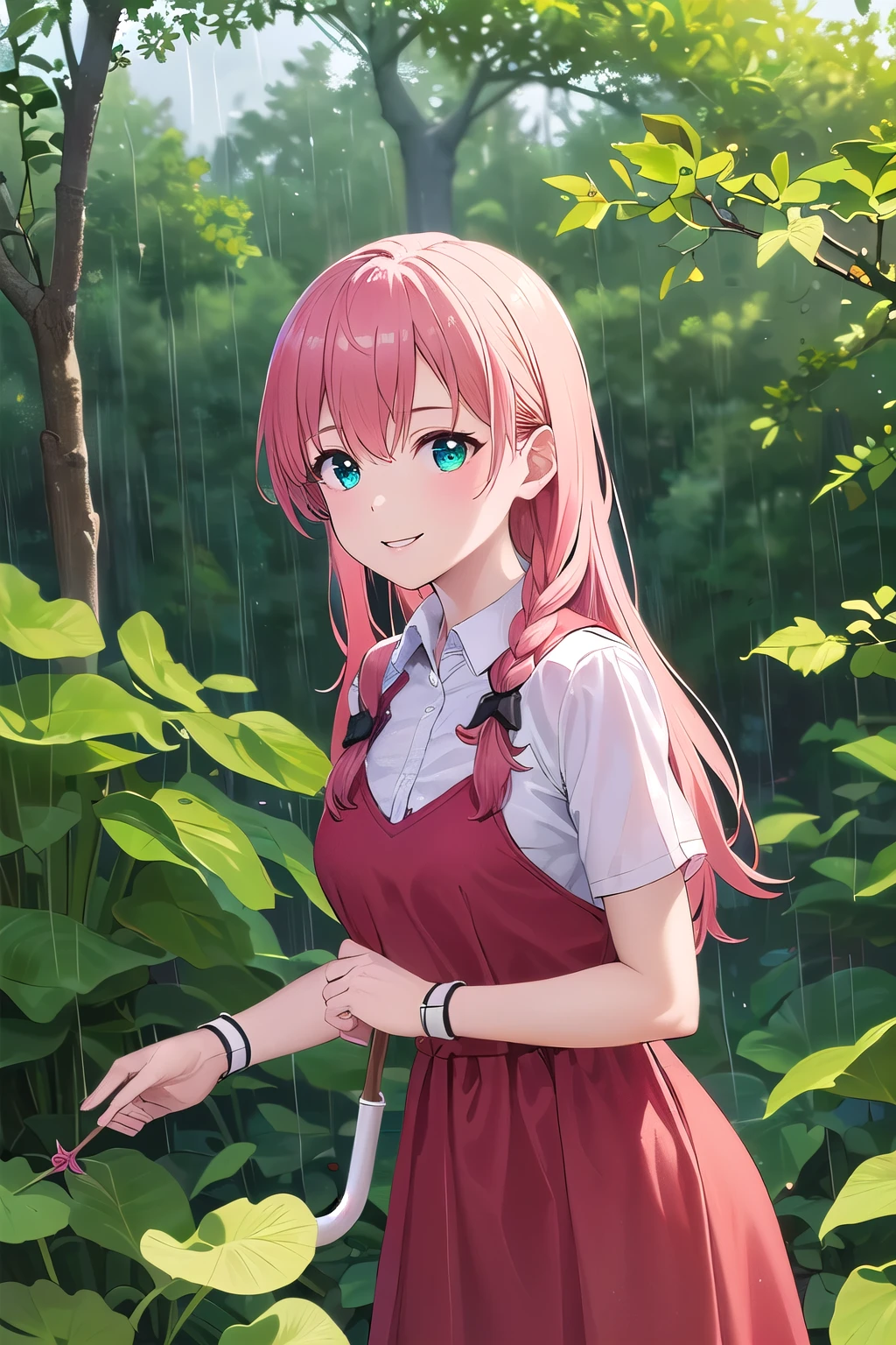 (8K, top-quality, masterpiece:1.2), (reallistic, Photorealsitic:1.37), Super Detail, One girl,), (Highly detailed), (beautifully detailed eyes), (of the highest quality), (super detailed ), (masterpiece), (Detailed face),20yr old, ,1 girl, ((pink hair,long hair)), medium breasts, clothed, Perfect Lighting, BREAK, (red dress:1.2), (white collar and cuffs:1.1), (soft and lightweight cotton:1.1), (Arrietty:1.2), (The Borrower Arrietty:1.2), (girl:1.1), (braids:1.1), (adventure:1.1), BRAKE, (upper body to thighs:1.1), (pink long hair:1.1), (smiling:1.1), (facing forward:1.1), (holding a large leaf as an umbrella:1.1), (standing in the rain:1.1), (green forest background:1.1), (soft lighting:1.1)
