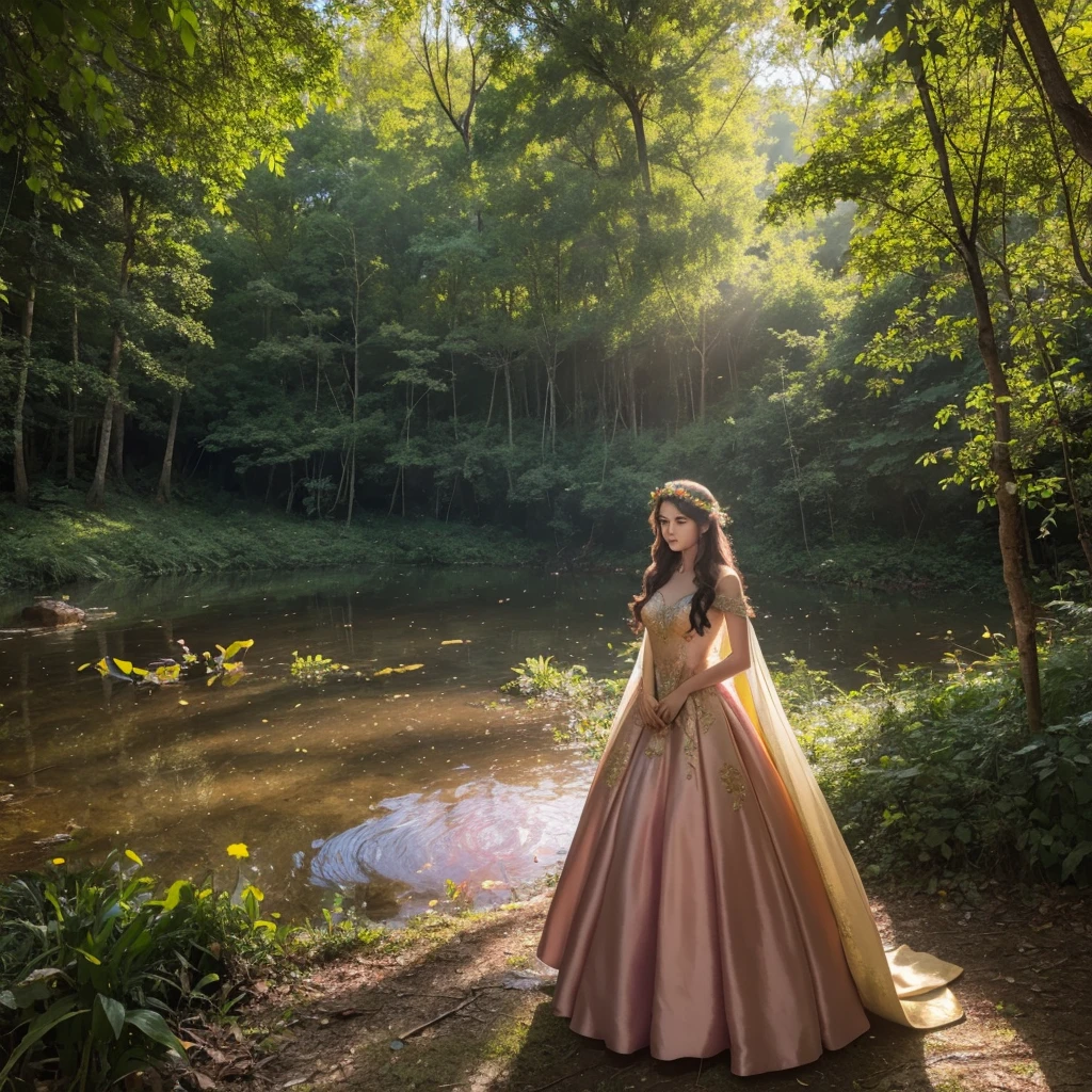 in the middle of a dense forest, there is a woman standing under the gentle sunlight, her dress is made of maroon silk fabric with intricate gold embroidery along the hem, this dress has an elegant A-line cut and is long to the ground, the woman this has long, flowing, and wavy hair, her hair is dark brown with golden red reflections, on her head, she wears a flower crown made from wild flowers that grow around the forest, this crown gives a magical and graceful impression, her face looks serene and full of charm, her eyes are emerald green, and her lips are natural pink, she holds a wooden stick with magical carvings in her hand, as if she is a wizard or the ruler of nature, around her, there are wild flowers blooming with colors -bright colors: purple, pink, and yellow, sunlight penetrates through the gaps in the leaves and creates a mesmerizing light effect around it, the whole atmosphere feels like a scene from an ancient fairy tale, where this woman is the hero who protects the forest and its creatures the magic that resides within