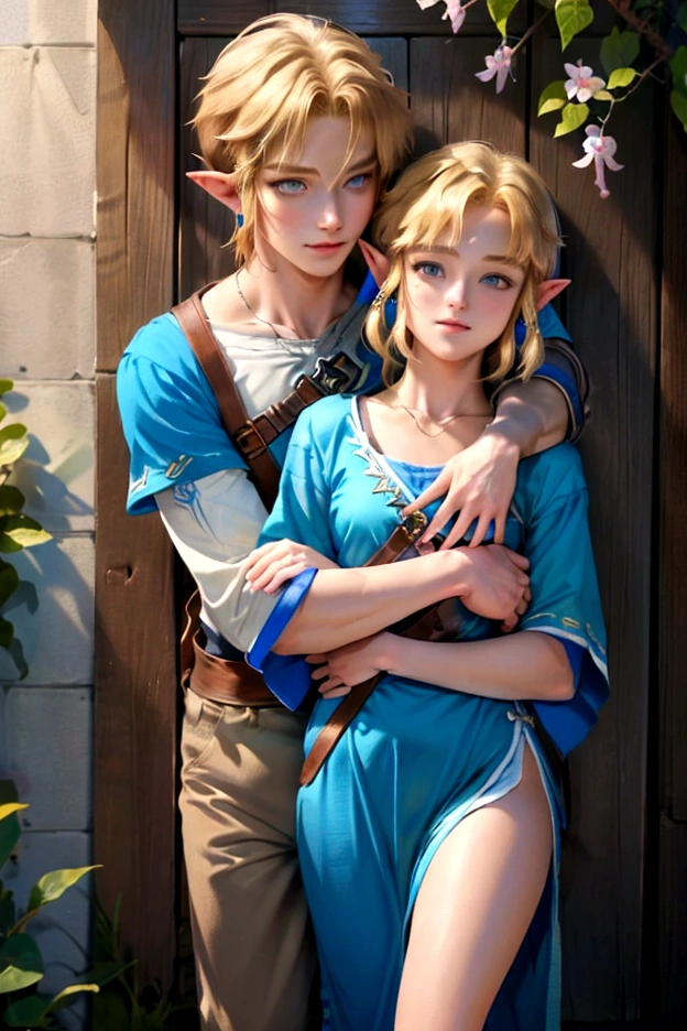 ((artwork)), (Highest quality), (detailed), ((1 boy)), (Link to the Legend of Zelda), smile, A short-haired, blue-eyed boy and a long-haired, blonde girl are hugging each other, Spring season, Bright colors、Embrace each other、Love each other