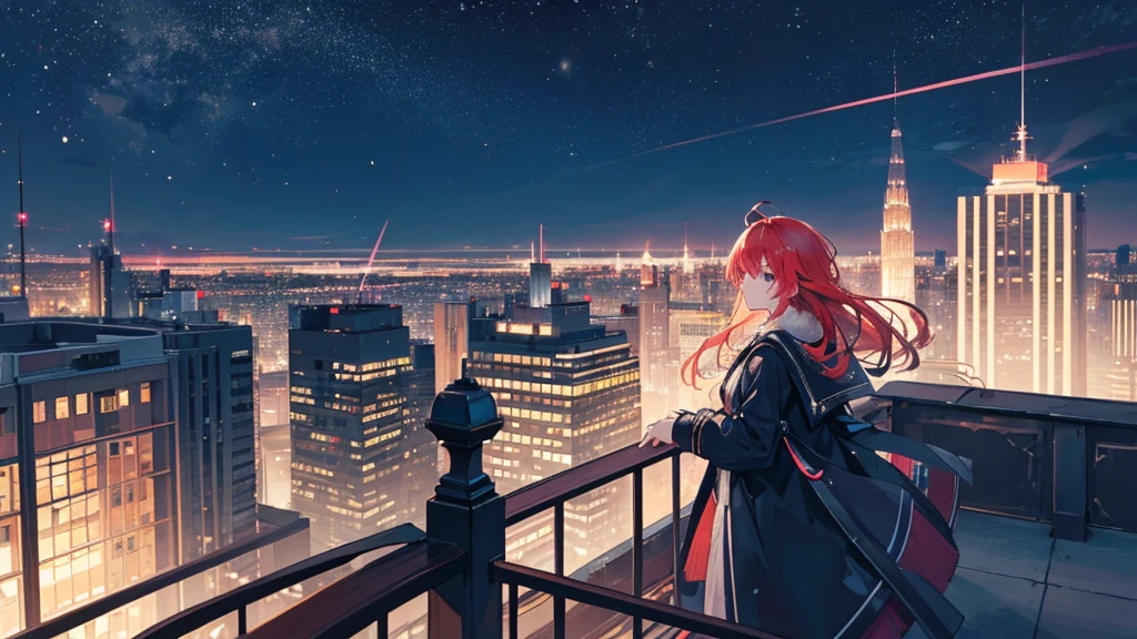 Create a detailed illustration of a vast urban landscape with numerous buildings, focusing on a nighttime city. In the distance, on the rooftop of one of the buildings, there should be a girl with very long red hair playing the piano. The cityscape features a mix of architectural styles, with tall skyscrapers and smaller buildings creating a dynamic skyline. The atmosphere is serene and slightly melancholic, with the city illuminated by soft lights from the buildings' windows and streetlights. The ??????? a rooftop in the distance should be clearly visible, playing a grand piano under the glow of the city lights. A few birds can be seen flying in the sky. There are small parks and green spaces interspersed among the buildings, providing a touch of nature within the urban environment. The sky is filled with stars, adding to the tranquil atmosphere of the scene. The image should convey a moment of peace in the midst of a chaotic and difficult day, ray tracing, work of art, best qualityer, ultra quality, absurd details, best Lumiere, best shade, Spitz, Spitz image, detailded, extremely detailded, great resolution, 8K, 4K, ultra HD, particle effects, beautiful effects, bright coloured, neon Lumiere, neon, Lumiere.