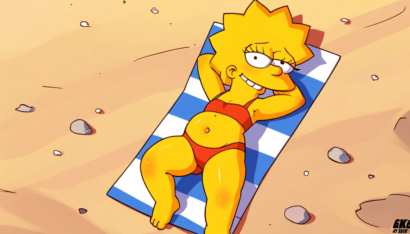 source_cartoon, (((1girl, solo, alone, lisa_simpson, short hair, flat chest, colored skin, yellow skin, shortstack))), looking at viewer, smile,
red bikini, barefoot, lying on back, from above, from atop, hands behind head,
sexy pose, cowboy shot,
outdoor, beach, day,