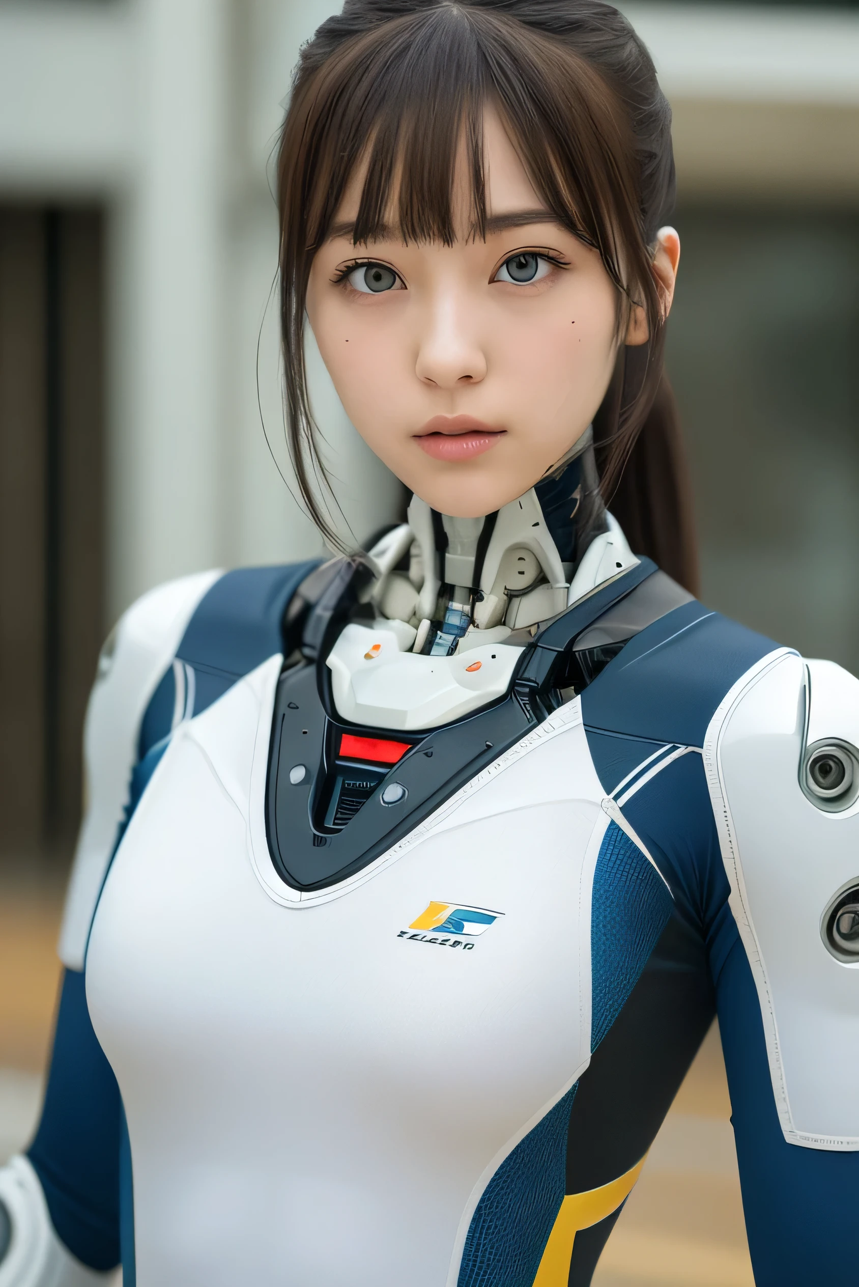 masterpiece, best quality, extremely detailed, Japanese android girl,Plump ,control panels,robot arms,robot,android,cyborg,white robot body,ceramic body,perfect robotgirl,blunt bangs,volleyball player,sports wear,blue eyes