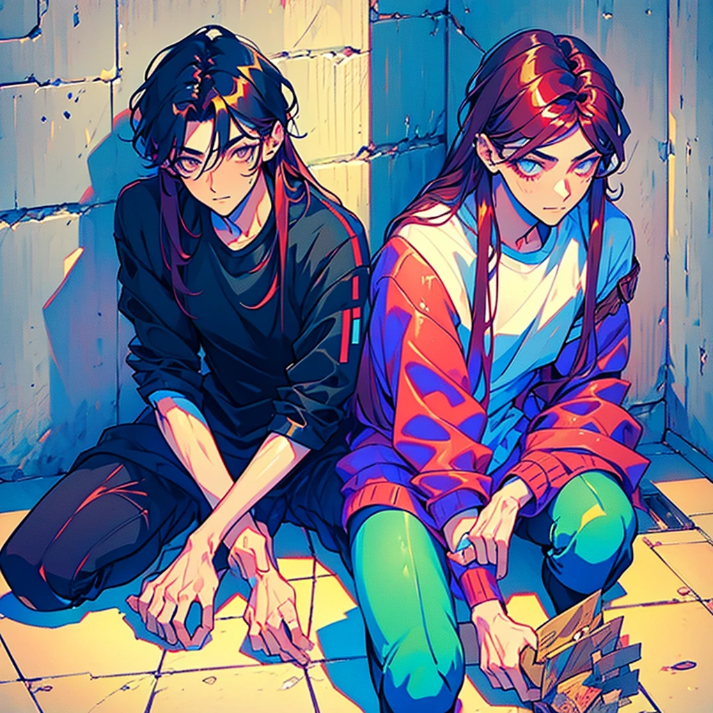 A 20 year old man with medium-long dark red hair that falls over his shoulders and a white shirt, attractive androgynous humanoid, male main character, with feminine features, Close-up of character art, detailed character portrait, character portrait, shy, sitting on the floor with his back leaning against a wall while holding a love letter in his hands, full body of character portrait, 2d stily, neon colors, JED style