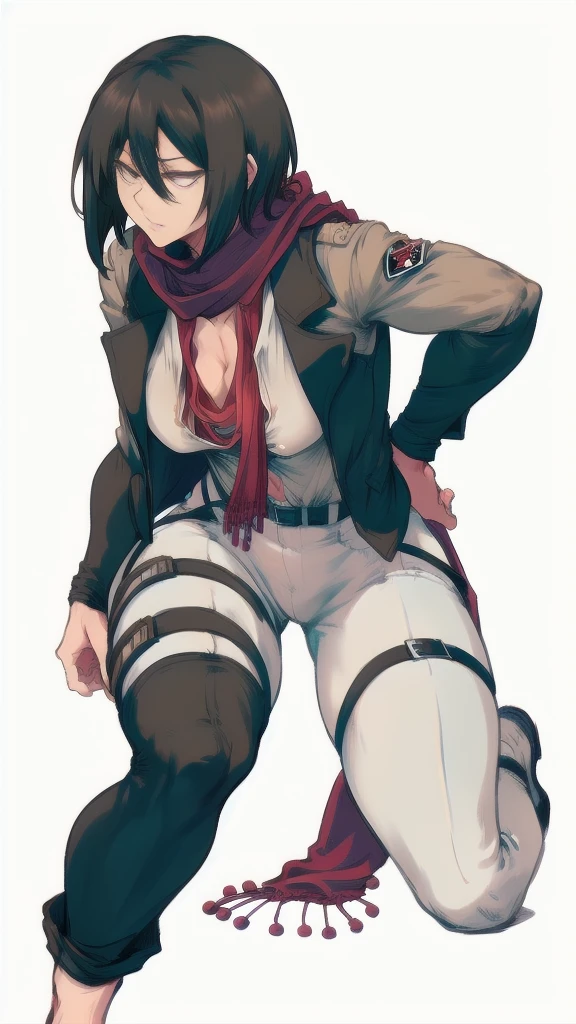 Full body image of Mikasa Ackerman from Attack on Titan, full body in image, wearing her original outfit (Survey Corps uniform with a white blouse, grey pants, brown jacket, and red scarf), short black hair, female body, athletic and muscular body, dynamic pose, detailed pose, simple background, expressive face showing determination, focus on face, line art, sketch