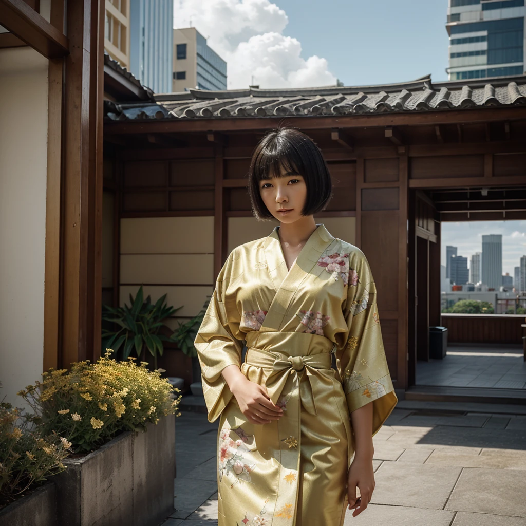 A young Asian woman with a bob haircut wearing a traditional Japanese kimono, standing on top of a modern skyscraper. The kimono is ornate with floral patterns in shades of orange, green, and gold. She has a striped hakama skirt in muted gold. The background shows a cityscape with tall buildings and a cloudy sky. The entire image has a blue tint overlay, giving it a cool, ethereal atmosphere. Photorealistic style with dramatic lighting.
