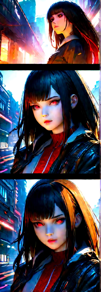 unreal engine:1.4,UHD,The best quality:1.4, photorealistic:1.4, skin texture:1.4, Masterpiece:1.8, 18 year old female, Red mesh hair on black hair, long hair, straight hair, , Comic appearance，(Apocalyptic City of Fire),(Cyberpunk:1.4),(The best quality,4k,High resolution), Red highlights in black hair, long hair, straight hair, Transforming woman,one，cold eyes ,sharp eye，distressed look，bright red eyes，Improved facial expression，，Change the appearance of a transformation，beast，Bestialification，evil fight，Buttle，Delicate illustrations drawn in detail，Torn clothes with decoration，disheveled clothes，Realistic depiction，vibrant colors，expressive，Classic background