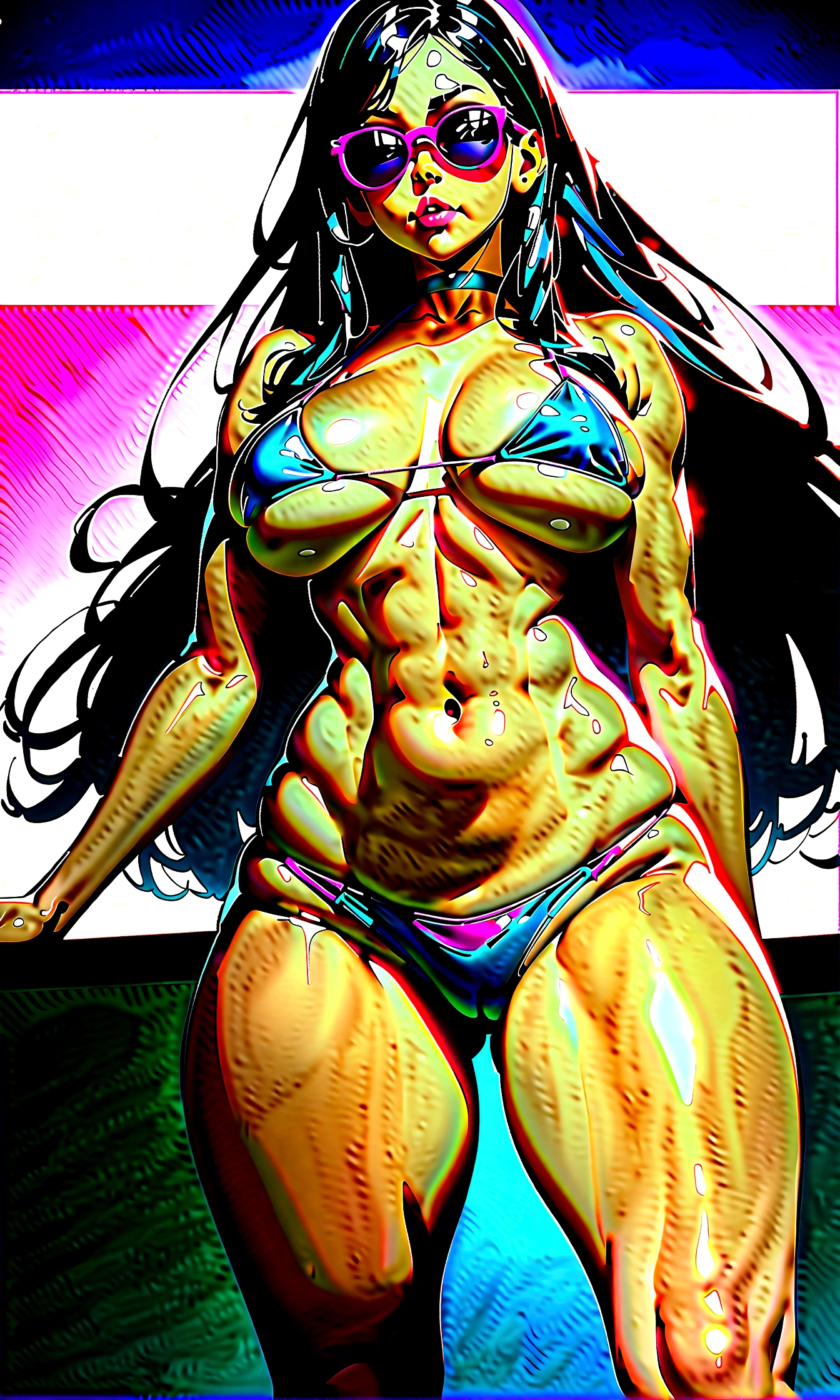 Brazilian beach babe,  bimboeautiful)), tan, gorgeous, cute, confident, luscious hair, slutty, ((perfect)), hot, curvy, mature, fe, creative colorful cute scandalous bikini, th9gh band, choker, huge pink flower sunglasses, blushing cheeks, sexy shoulders, uptuous round shapely , slight underboob, voluptuous strong shapely glutes, ass cheeks, strong ghs, sexy hips, sexy navel,xy lightingeach resort kground, ethereal, smooth clean lines, ultra textured, ultra detailed, highest resolution, maximum quality, perfect, max detail, vivid colors, max texture, energetic composition, dramatic lighting, crystal clear, depth perspective, high contrast, seamlessly blended, photorealistic rendering, chromatic aberration, subpixel precision, bokeh effect depth art, anamorphic perspective, hdr high dynamic range, spectral color graded, photometric lighting, lush visceral textures, motion lines