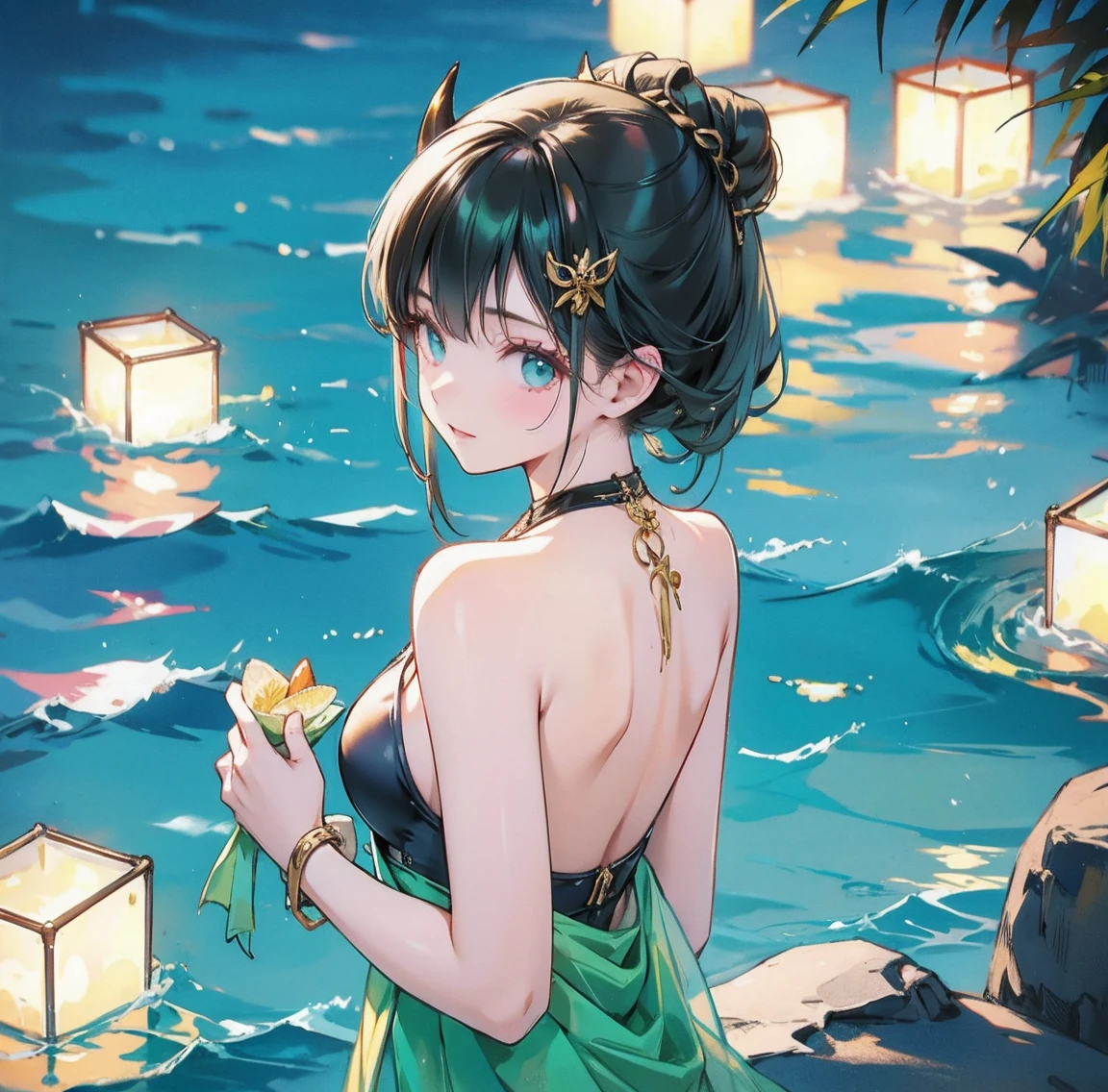 One woman、Gorgeous green swimsuit、,race,Black Hair、Short bun hair、hair ornaments、necklace、back、Golden devil horns、Anatomically correct,、Night beach、Night Pool