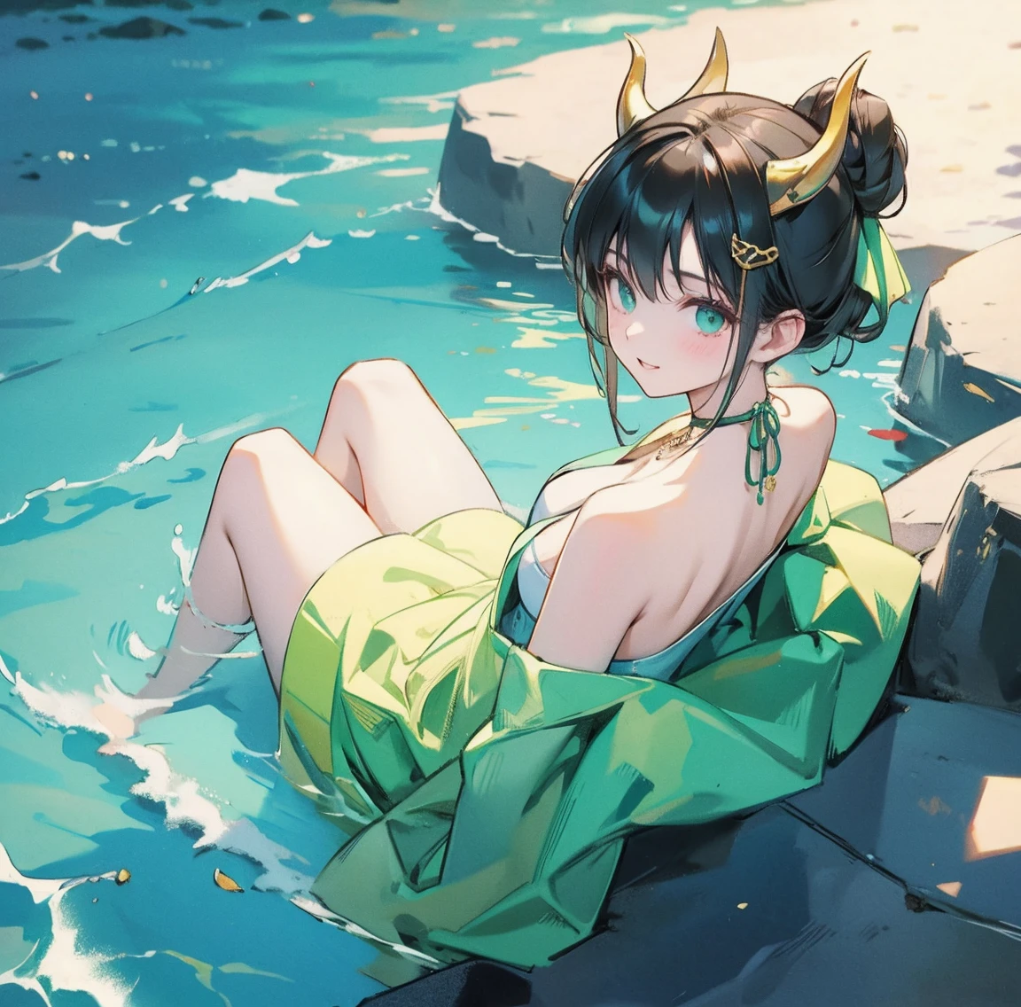 One woman、Gorgeous green swimsuit、,race,Black Hair、Short bun hair、hair ornaments、necklace、back、Golden devil horns、Anatomically correct,、Night beach、Night Pool