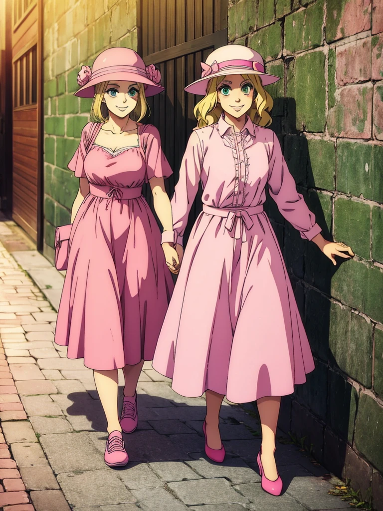 with blonde hair, greeneyes, smiling while walking wearing a simple pink dress, a pair of pink shoes and a pink hat