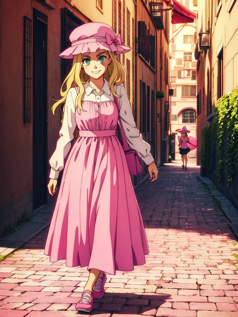  with blonde hair, greeneyes, smiling while walking wearing a simple pink dress, a pair of pink shoes and a pink hat 