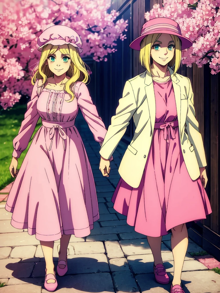 with blonde hair, greeneyes, smiling while walking wearing a simple pink dress, a pair of pink shoes and a pink hat