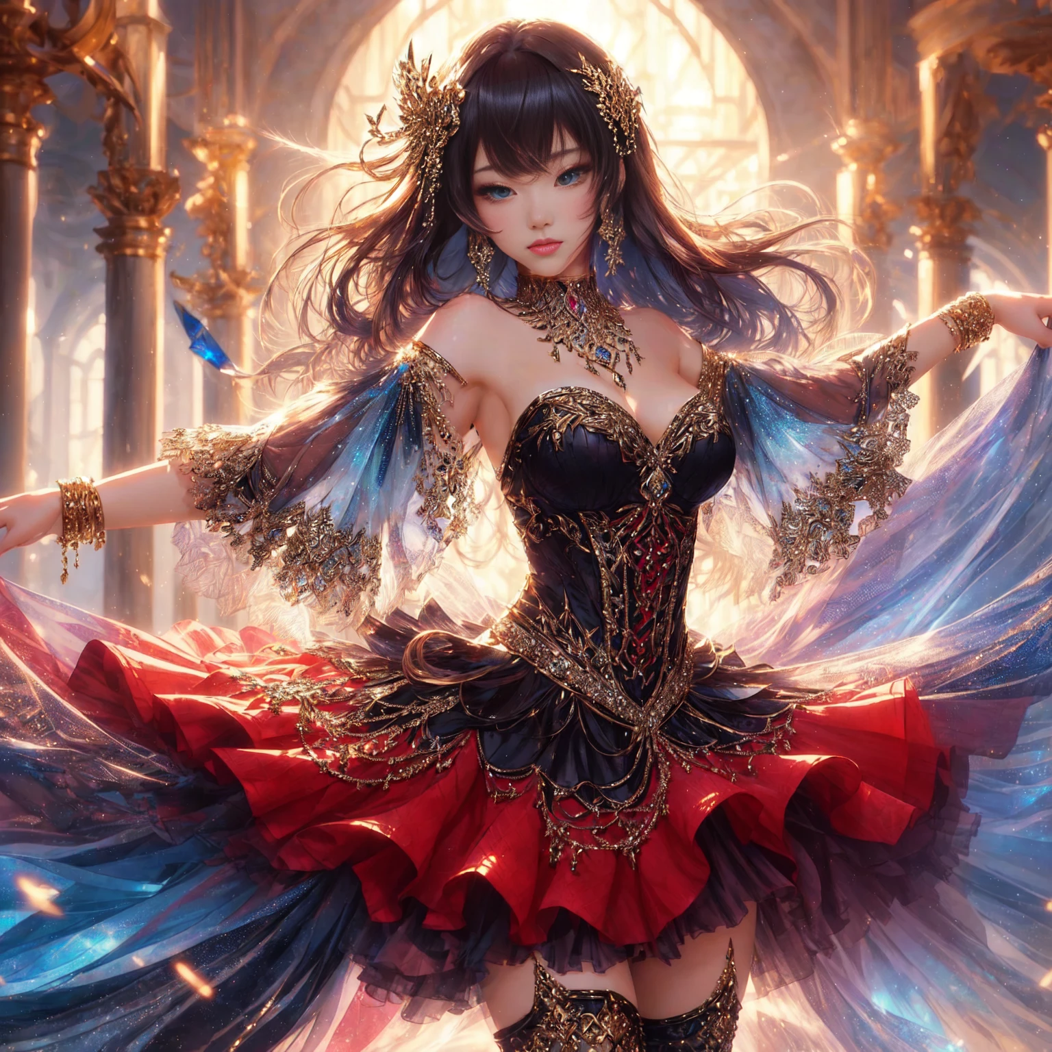 Beautiful young woman, exquisite, anime image, exquisite white dress Fine gold jewelry Realistic 3-D characters ,Light and comfortable outfit