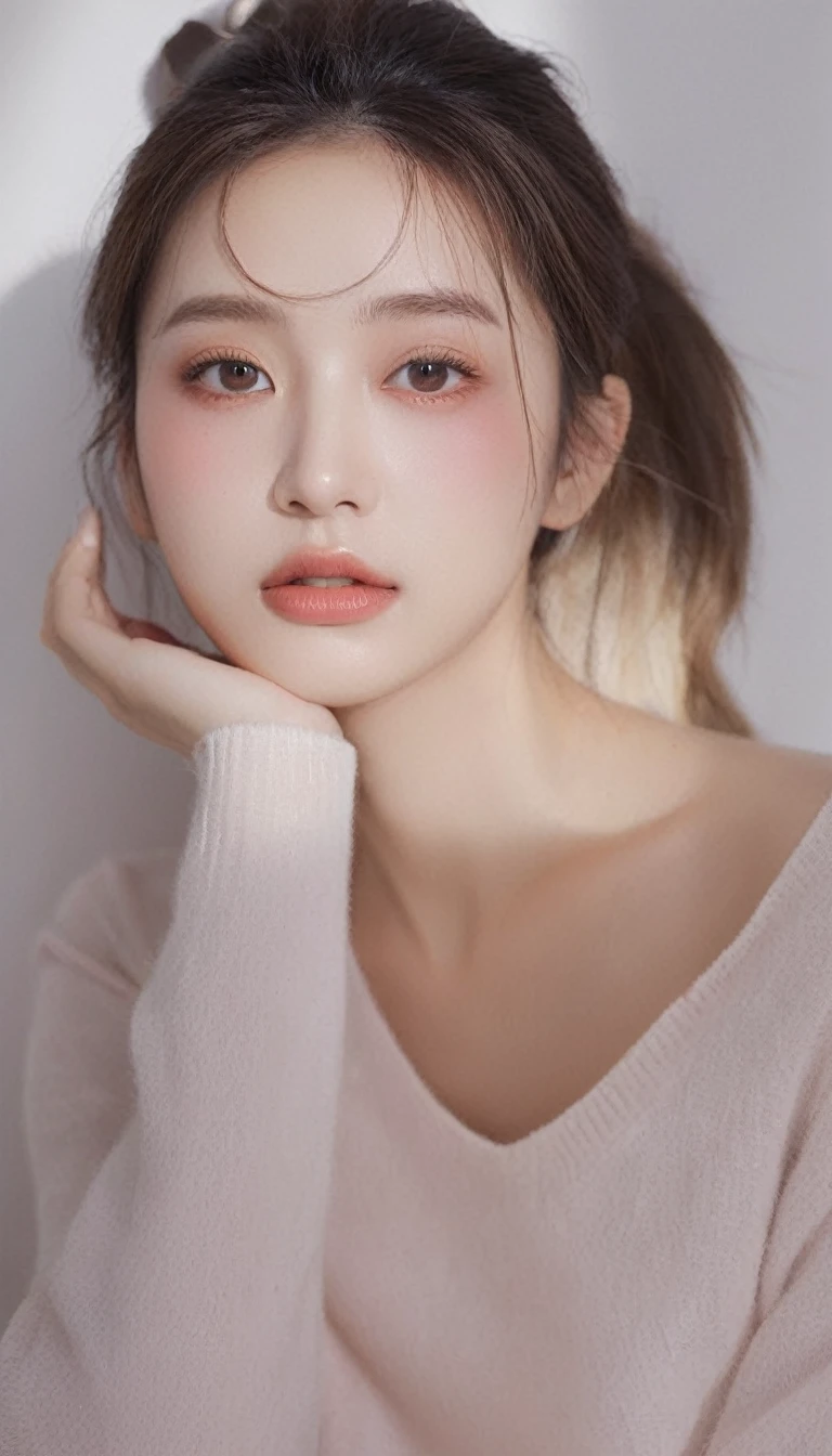 ultra wide shoot, front photo, 1girl with shopping bag and pointing finger up, woman, (Photorealsitic)、(intricate detailes:1.2)、(masterpiece、:1.3)、beauty face, (top-quality:1.4)、(超A high resolution:1.2)、超A high resolution、(A detailed eye)、(detailed facial features), ((Realistic lighting、top-quality、8K、natural light, masterpiece:1.3))、bright photo, Clear focus:1.2、1girl in、flawless beauty:1.4、Superfine Face、big Narrow-eyed、double eyelid、photos realistic, perfect eyes, perfect skin, detailed skin, detailed face, looking viewer, front view, potrait, raw photo, simple soft pink background, (intricate detailed skin textured:1.4) front view, looking viewer, clear face, 1 girl、porate、Bright and very beautiful face、beautiful girl, A stunning close-up portrait showcasing the beauty of a Korean model. The composition features soft, natural lighting , bright eyes, and striking cheekbones. Her glossy, The background is simply white background, wear sweetshirt, neat hair, long hair, instagram model, profil picture, bright and natural