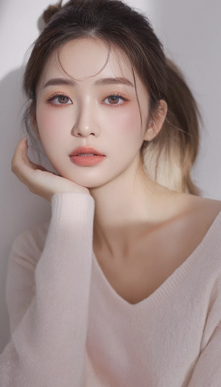 ultra wide shoot, front photo, 1girl with shopping bag and pointing finger up, woman, (Photorealsitic)、(intricate detailes:1.2)、(masterpiece、:1.3)、beauty face, (top-quality:1.4)、(超A high resolution:1.2)、超A high resolution、(A detailed eye)、(detailed facial features), ((Realistic lighting、top-quality、8K、natural light, masterpiece:1.3))、bright photo, Clear focus:1.2、1girl in、flawless beauty:1.4、Superfine Face、big Narrow-eyed、double eyelid、photos realistic, perfect eyes, perfect skin, detailed skin, detailed face, looking viewer, front view, potrait, raw photo, simple soft pink background, (intricate detailed skin textured:1.4) front view, looking viewer, clear face, 1 girl、porate、Bright and very beautiful face、beautiful girl, A stunning close-up portrait showcasing the beauty of a Korean model. The composition features soft, natural lighting , bright eyes, and striking cheekbones. Her glossy, The background is simply white background, wear sweetshirt, neat hair, long hair, instagram model, profil picture, bright and natural